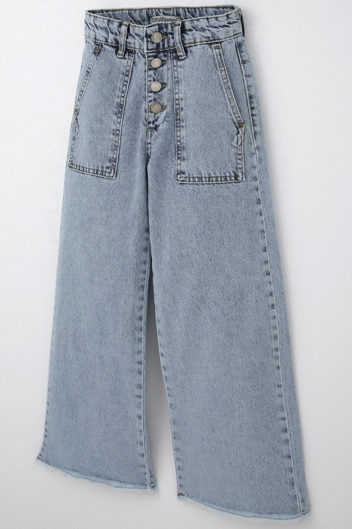 Breeze Kız Çocuk Jean Pantolon Geniş Paça Düğmeli Paçası Püskül Detaylı Açık Mavi (10-14 Yaş)