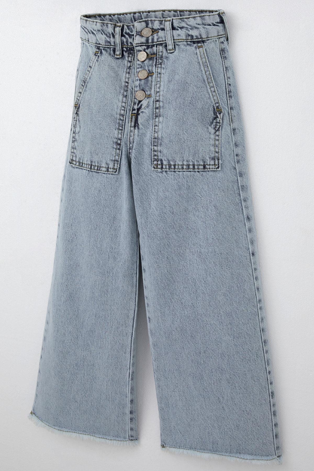Breeze Kız Çocuk Jean Pantolon Geniş Paça Düğmeli Paçası Püskül Detaylı Açık Mavi (5-9 Yaş)