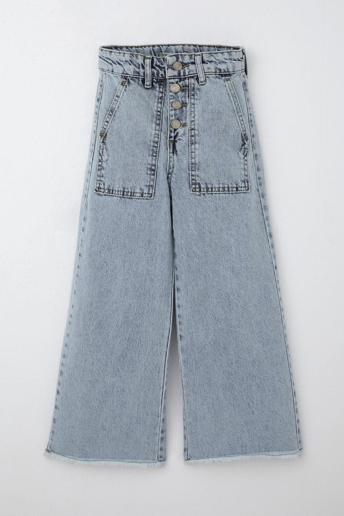 Breeze Kız Çocuk Jean Pantolon Geniş Paça Düğmeli Paçası Püskül Detaylı Açık Mavi (5-9 Yaş)