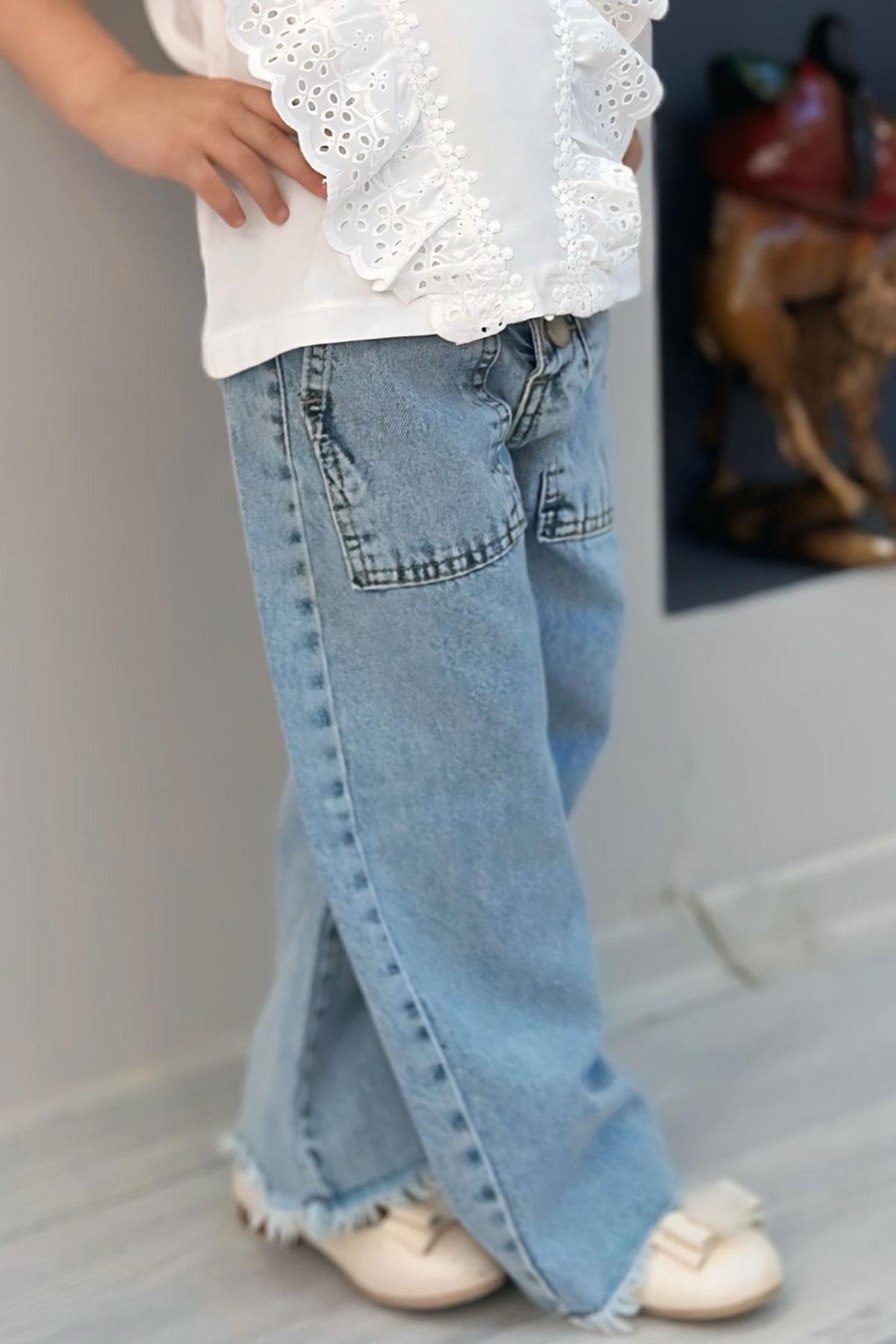 Breeze Kız Çocuk Jean Pantolon Geniş Paça Düğmeli Paçası Püskül Detaylı Açık Mavi (5-9 Yaş)