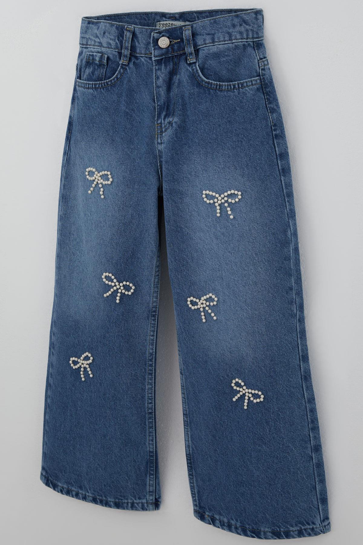 Breeze Kız Çocuk Jean Pantolon İnci Detaylı Fiyonk İşlemeli Mavi (5-9 Yaş)