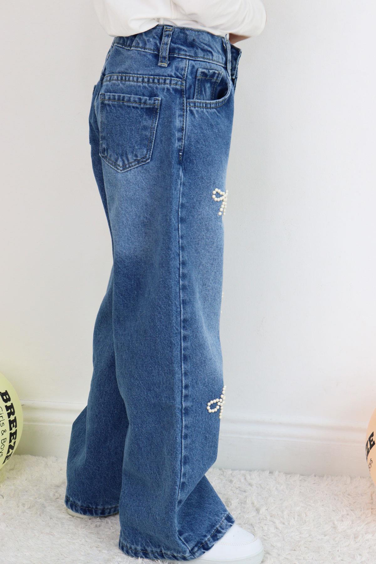 Breeze Kız Çocuk Jean Pantolon İnci Detaylı Fiyonk İşlemeli Mavi (5-9 Yaş)