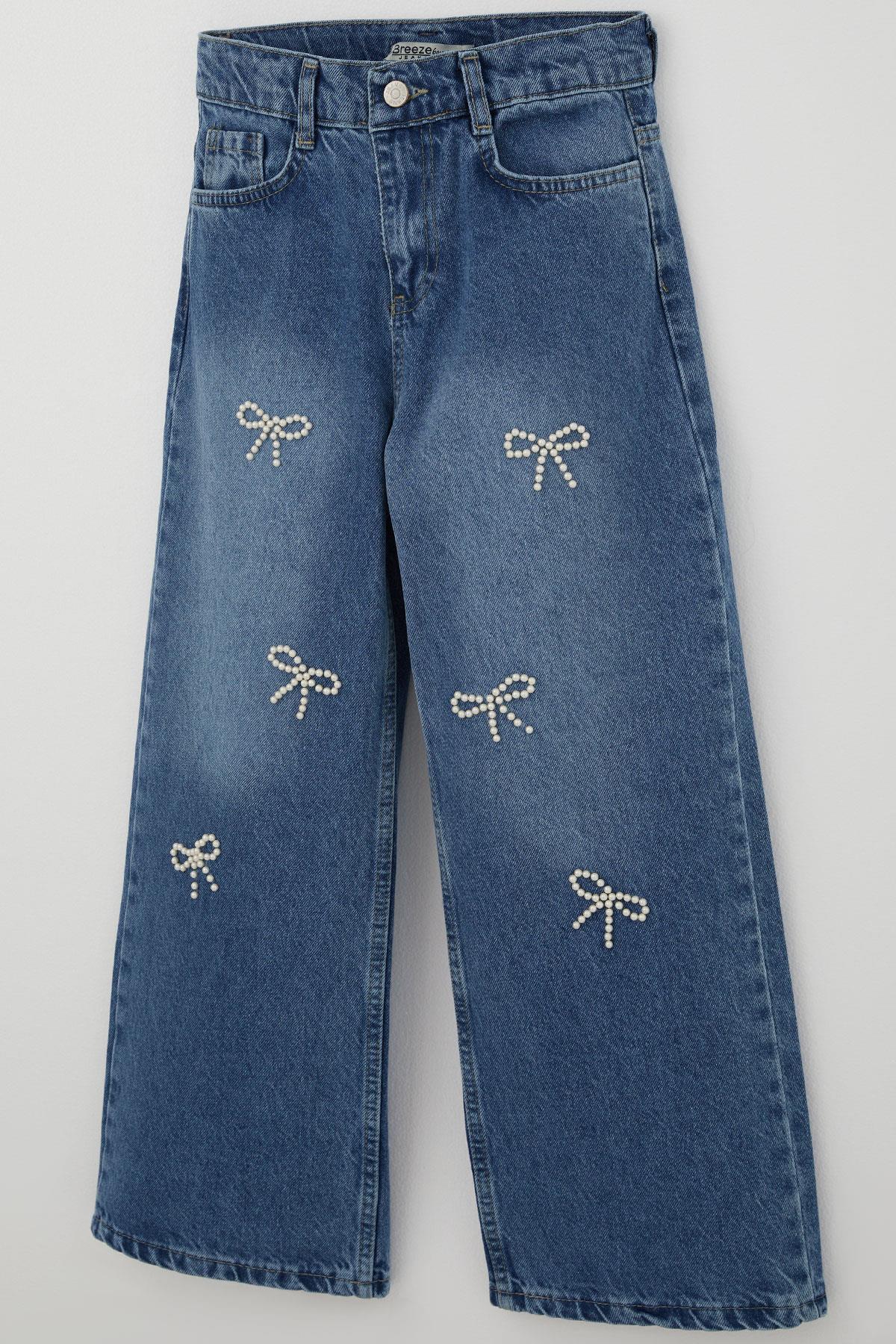 Breeze Kız Çocuk Jean Pantolon İnci Detaylı Fiyonk İşlemeli Mavi (10-14 Yaş)