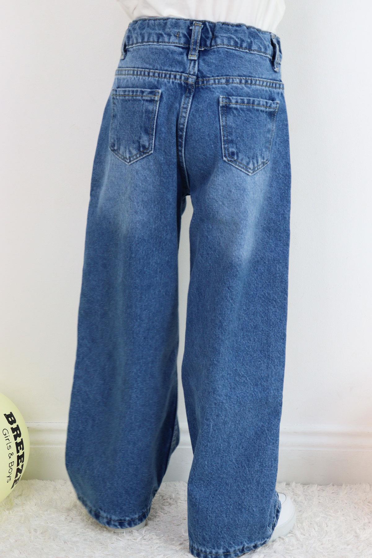 Breeze Kız Çocuk Jean Pantolon İnci Detaylı Fiyonk İşlemeli Mavi (5-9 Yaş)