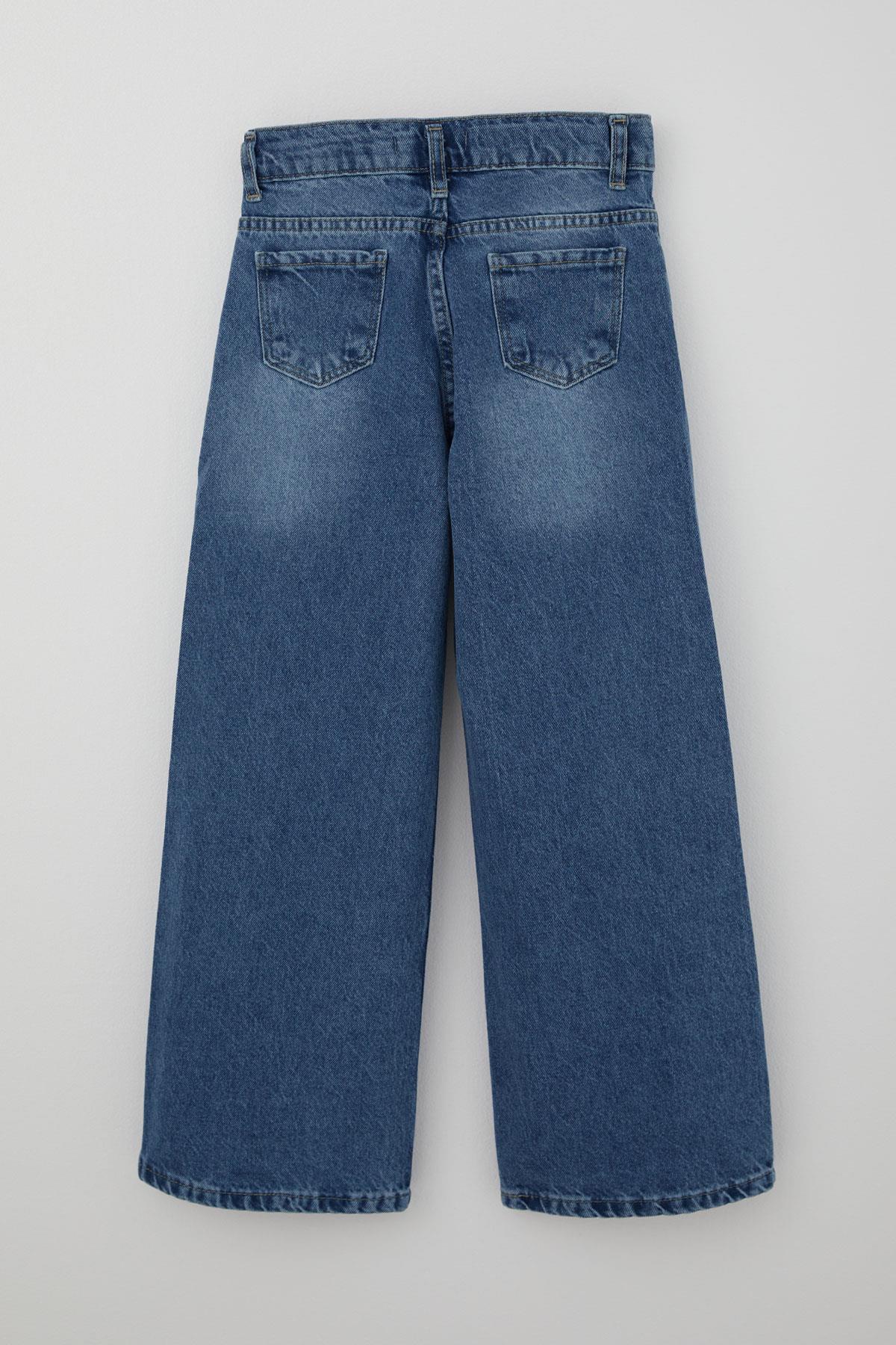 Breeze Kız Çocuk Jean Pantolon İnci Detaylı Fiyonk İşlemeli Mavi (10-14 Yaş)