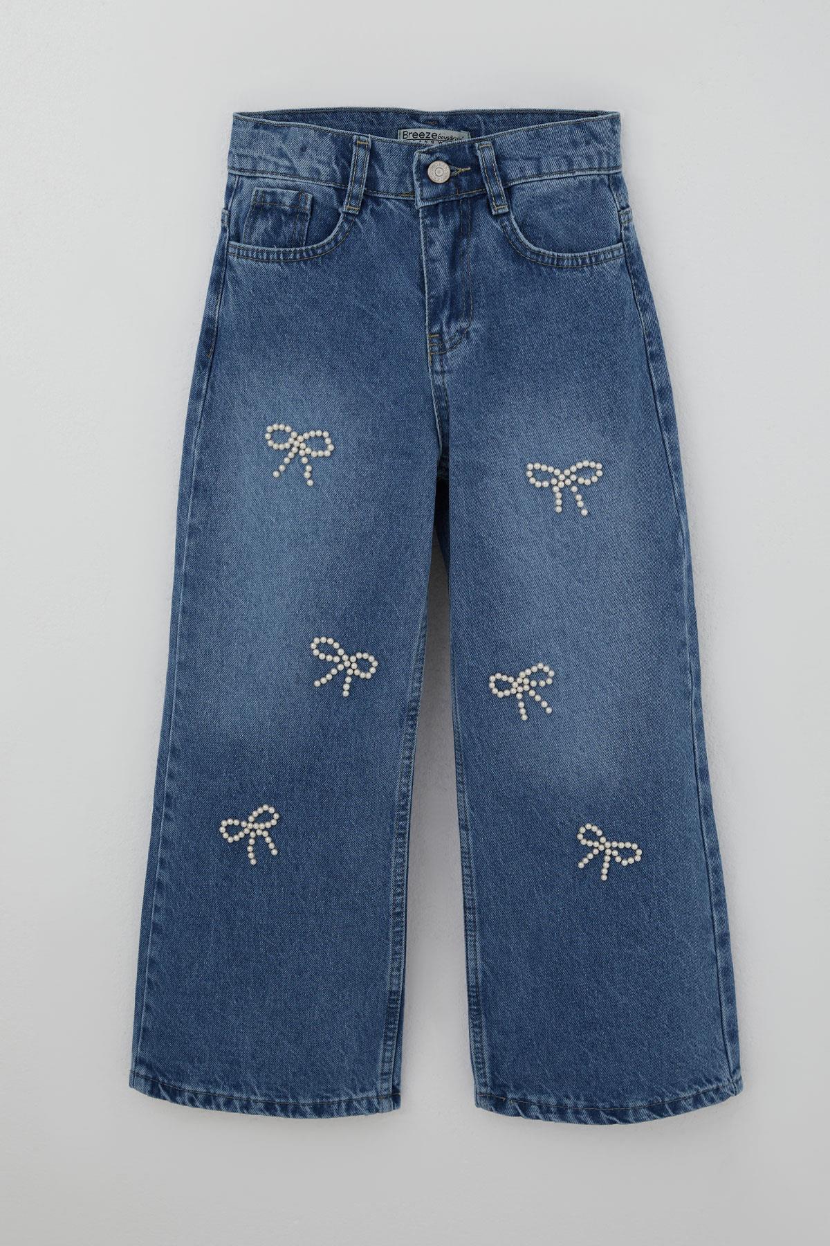 Breeze Kız Çocuk Jean Pantolon İnci Detaylı Fiyonk İşlemeli Mavi (5-9 Yaş)