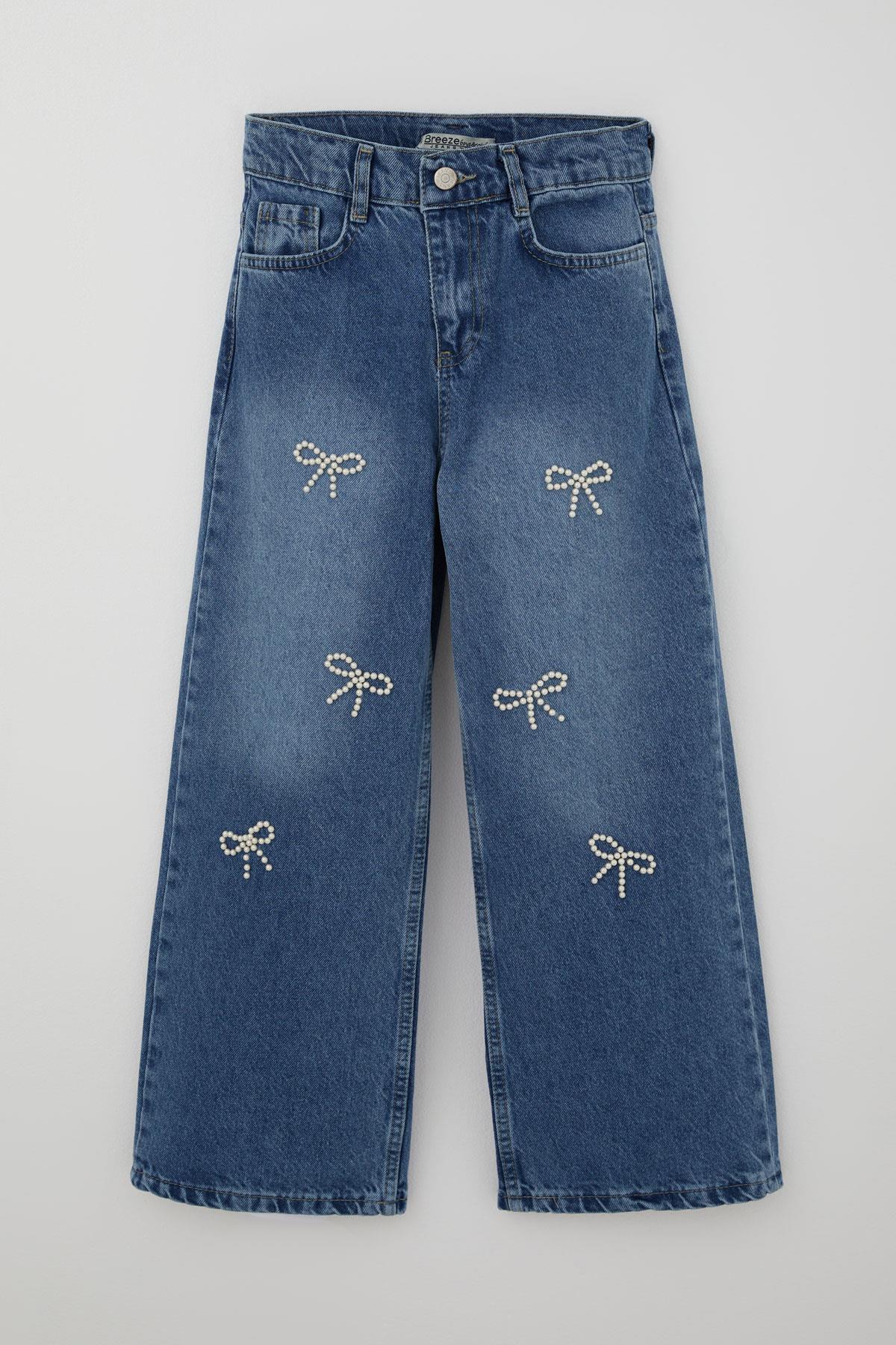 Breeze Kız Çocuk Jean Pantolon İnci Detaylı Fiyonk İşlemeli Mavi (10-14 Yaş)