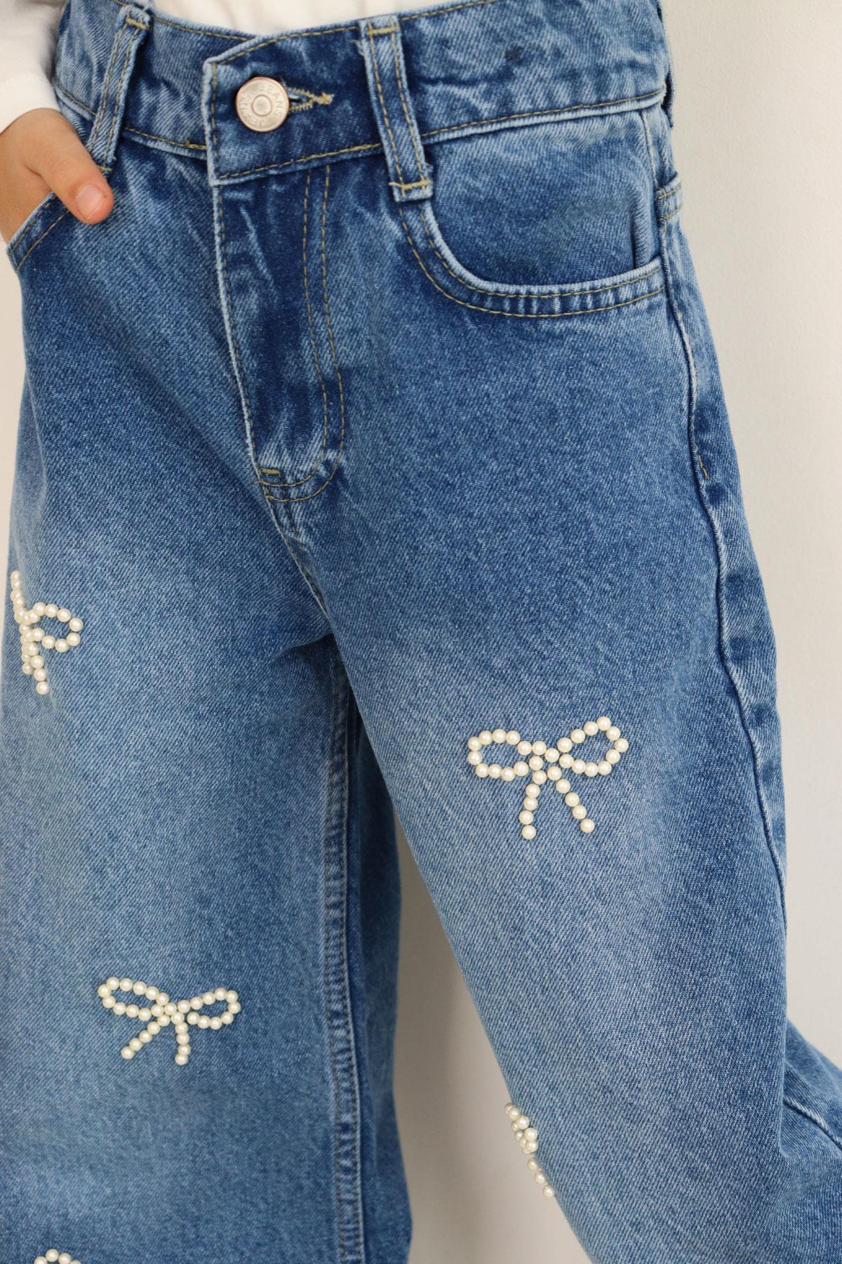 Breeze Kız Çocuk Jean Pantolon İnci Detaylı Fiyonk İşlemeli Mavi (5-9 Yaş)