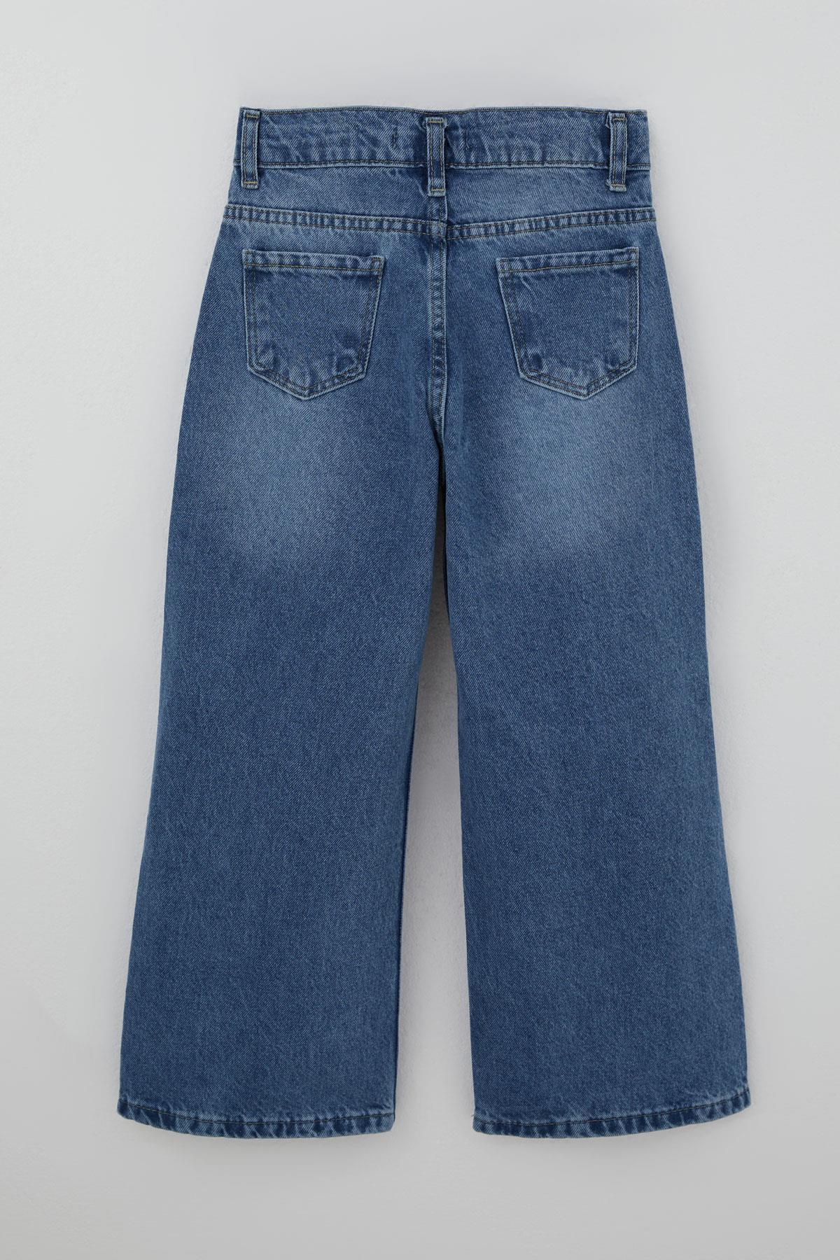 Breeze Kız Çocuk Jean Pantolon İnci Detaylı Fiyonk İşlemeli Mavi (5-9 Yaş)