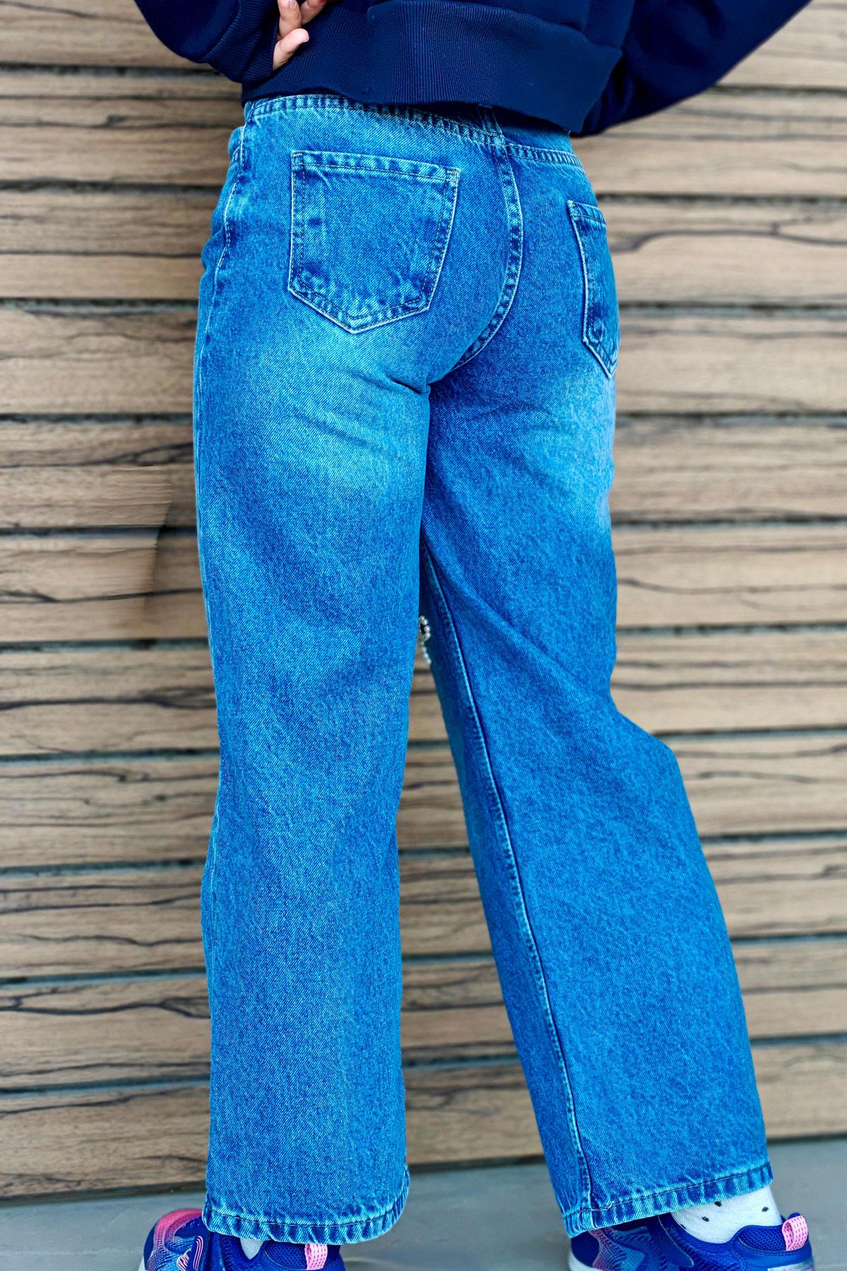 Breeze Kız Çocuk Jean Pantolon İnci Detaylı Fiyonk İşlemeli Mavi (10-14 Yaş)