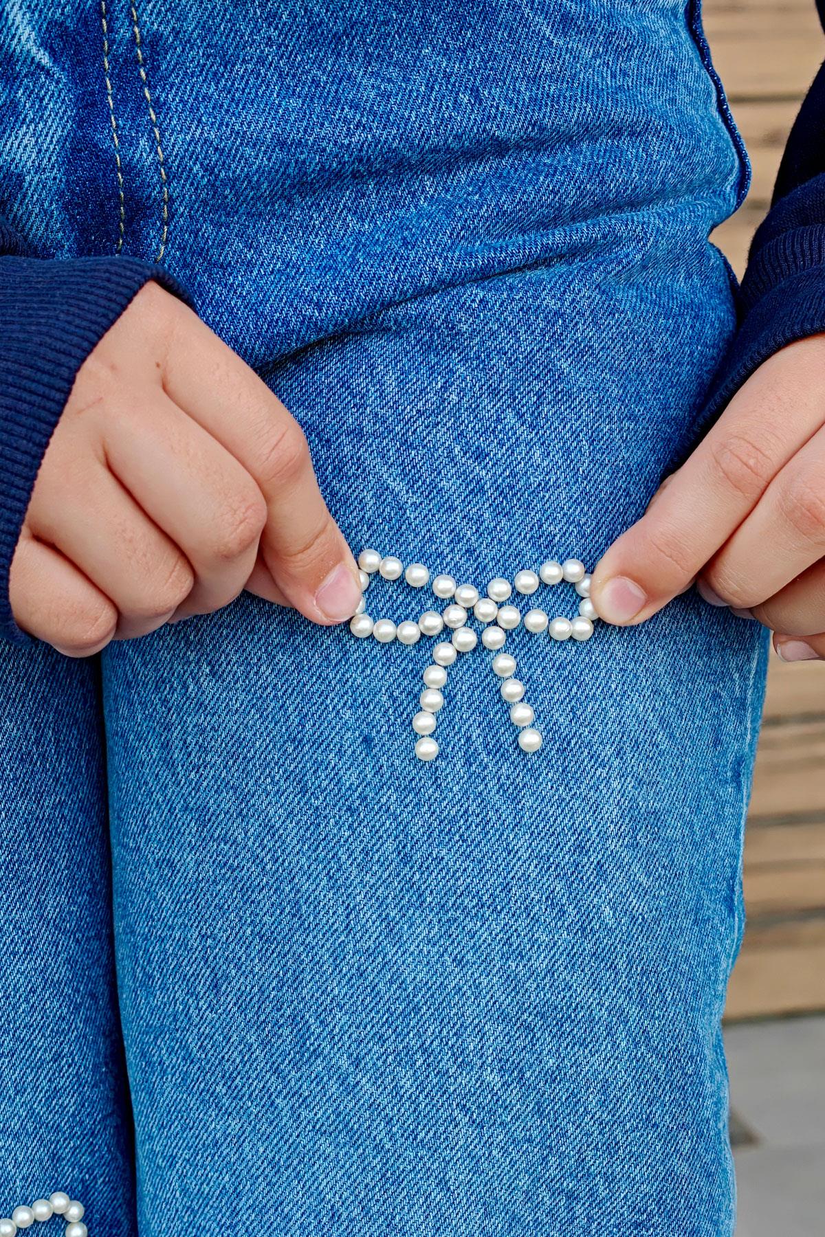 Breeze Kız Çocuk Jean Pantolon İnci Detaylı Fiyonk İşlemeli Mavi (10-14 Yaş)