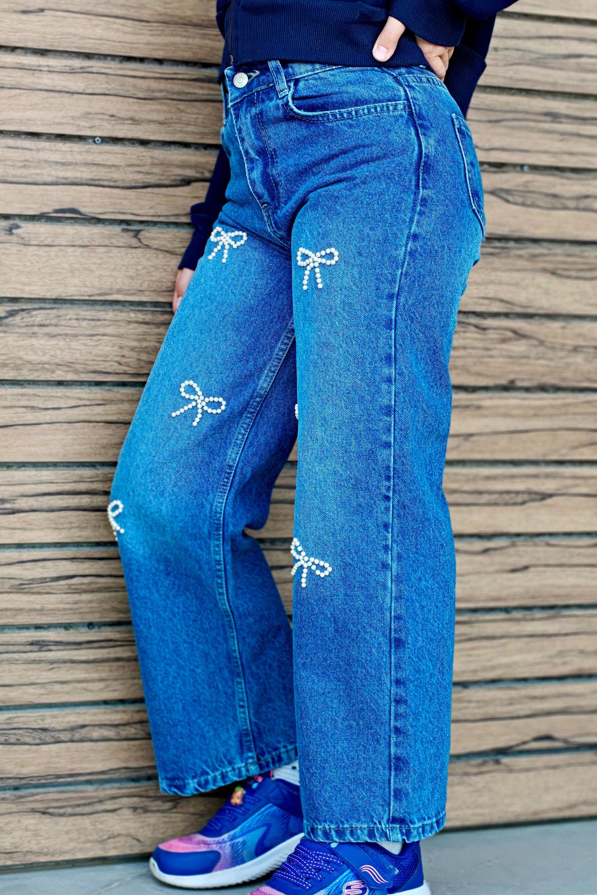 Breeze Kız Çocuk Jean Pantolon İnci Detaylı Fiyonk İşlemeli Mavi (10-14 Yaş)