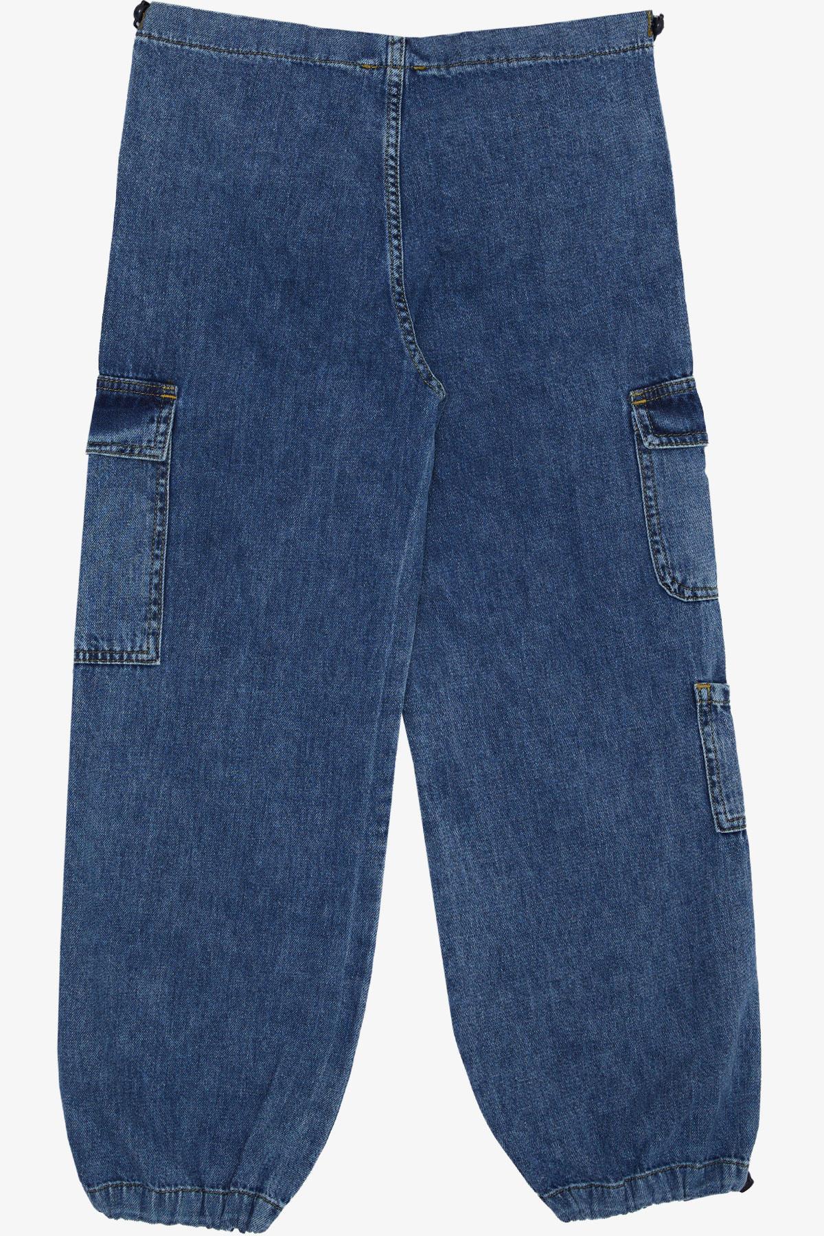 Breeze Kız Çocuk Jean Pantolon Kargo Cepli Beli Paçası Lastik Büzgü Mavi (9-14 Yaş)