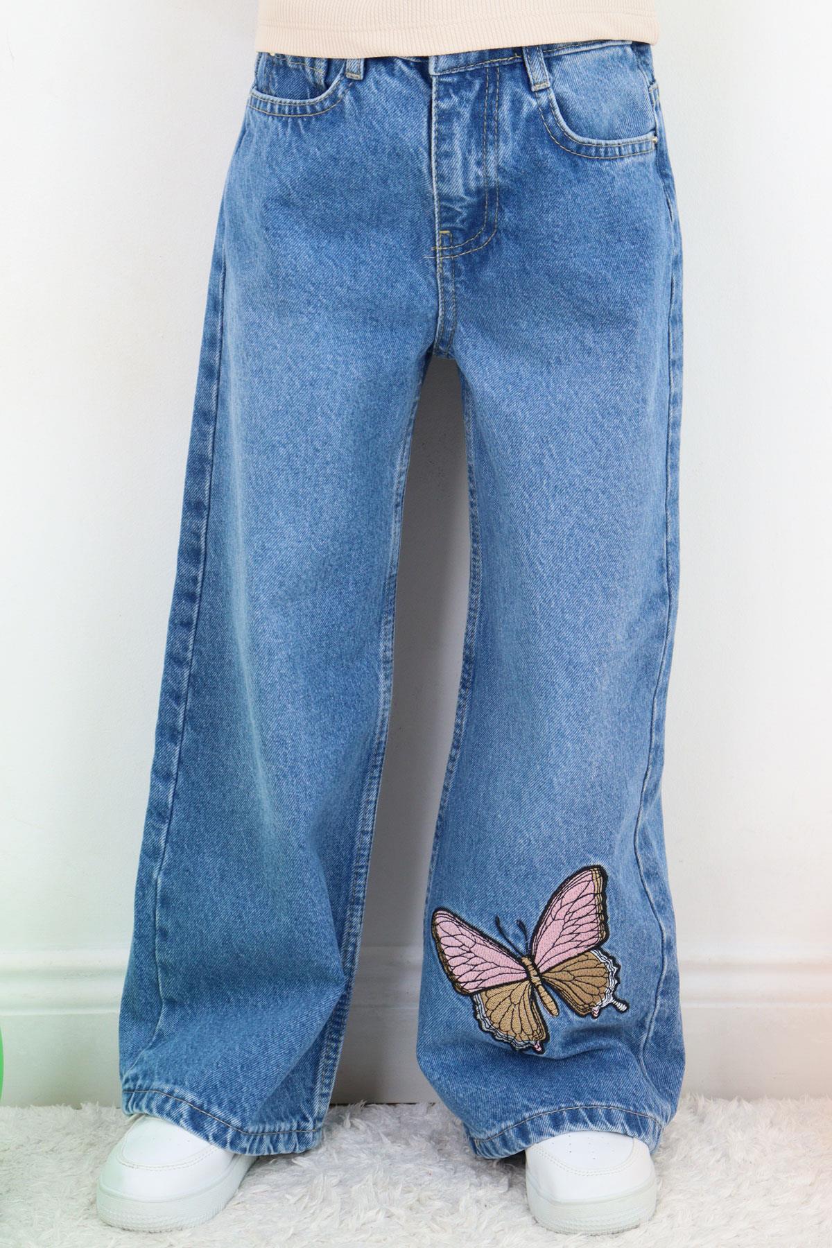Breeze Kız Çocuk Jean Pantolon Kelebek Nakışlı Düğmeli Fermuarlı Mavi (5-9 Yaş)