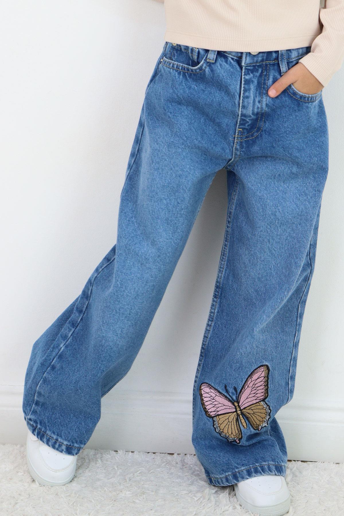 Breeze Kız Çocuk Jean Pantolon Kelebek Nakışlı Düğmeli Fermuarlı Mavi (5-9 Yaş)