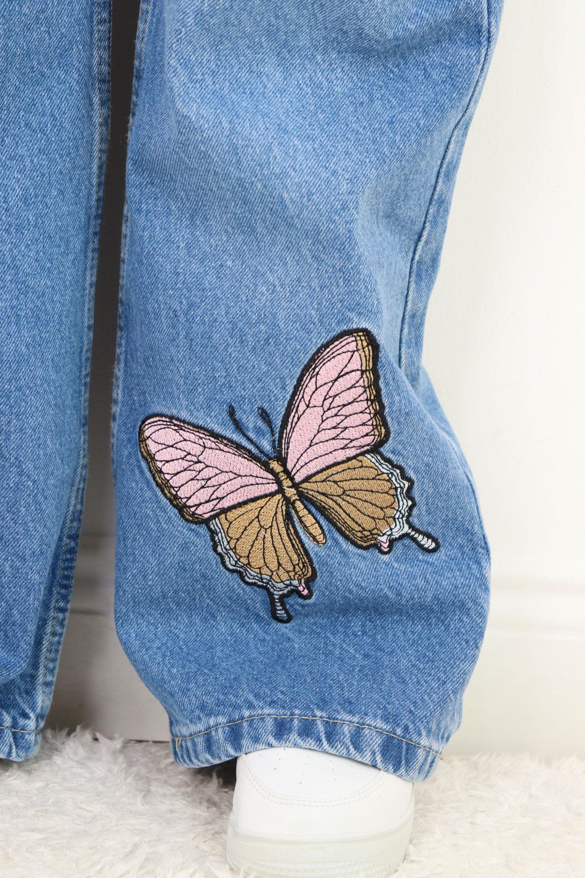 Breeze Kız Çocuk Jean Pantolon Kelebek Nakışlı Düğmeli Fermuarlı Mavi (5-9 Yaş)