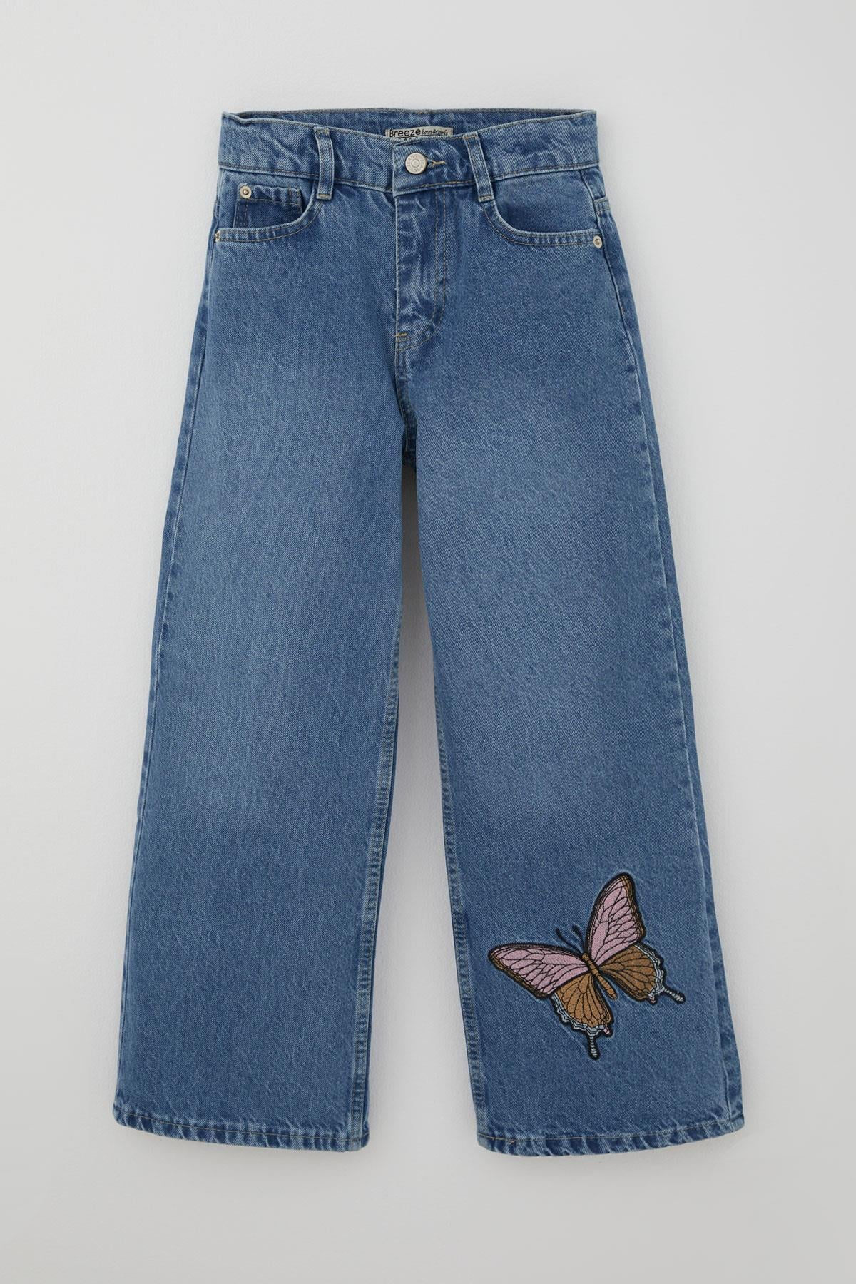 Breeze Kız Çocuk Jean Pantolon Kelebek Nakışlı Düğmeli Fermuarlı Mavi (11 Yaş)
