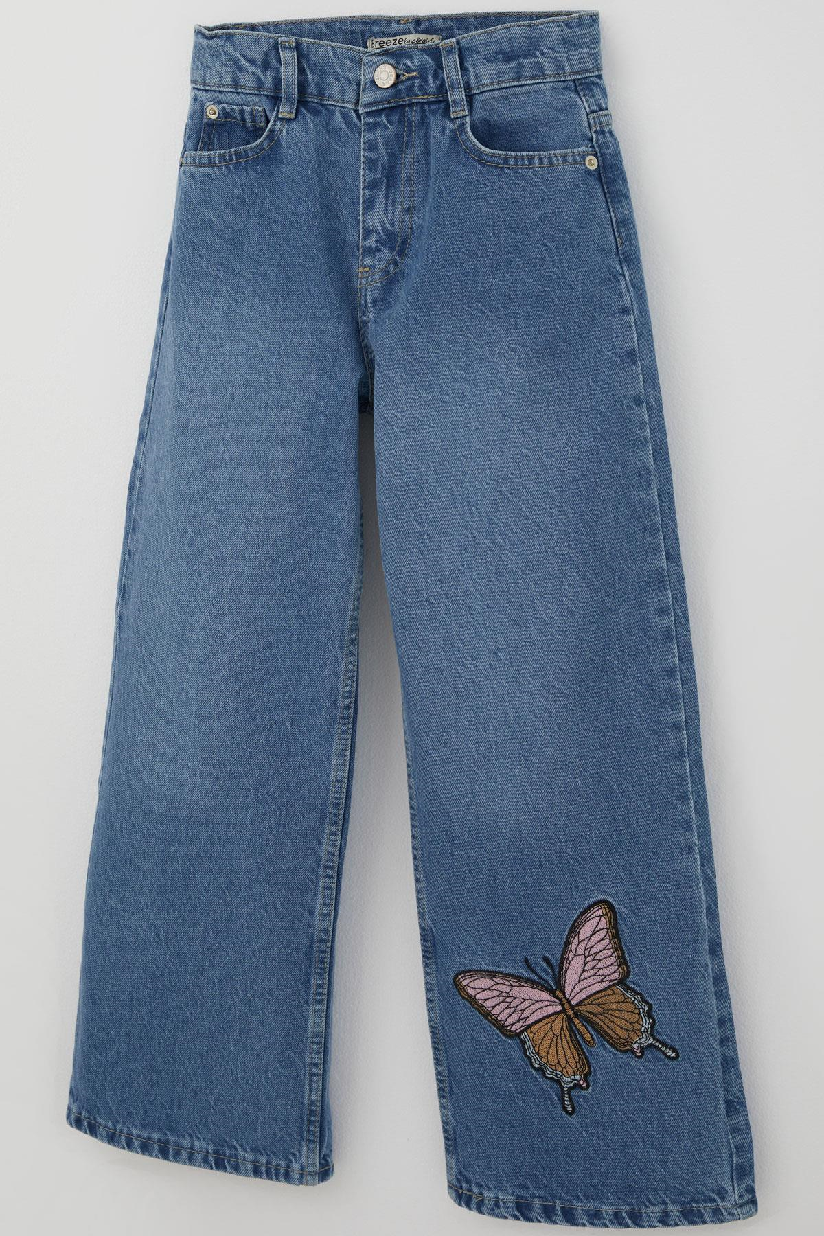 Breeze Kız Çocuk Jean Pantolon Kelebek Nakışlı Düğmeli Fermuarlı Mavi (11 Yaş)