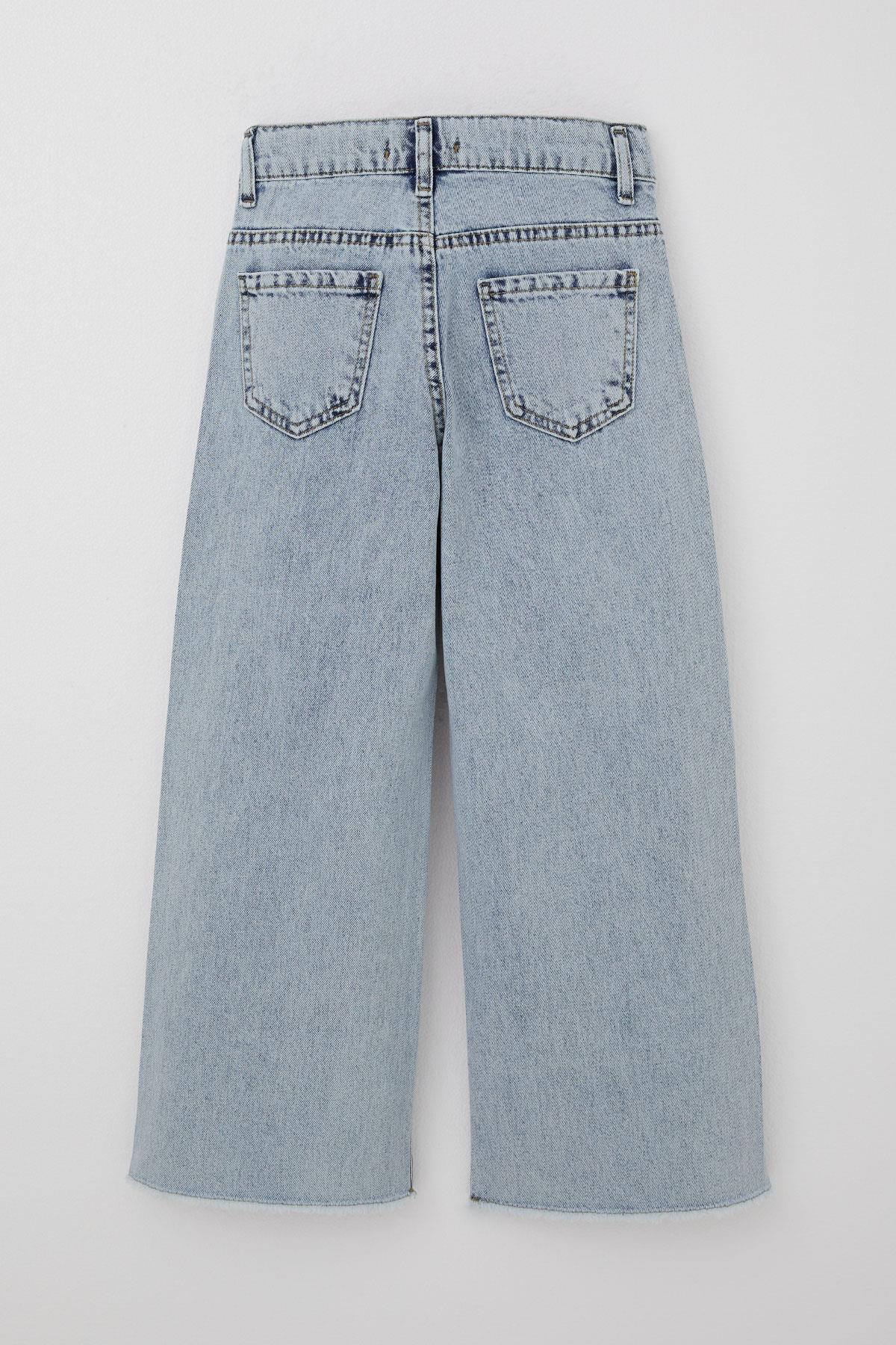 Breeze Kız Çocuk Jean Pantolon Kelebek Nakışlı Paçası Püsküllü Açık Mavi (8-14 Yaş)