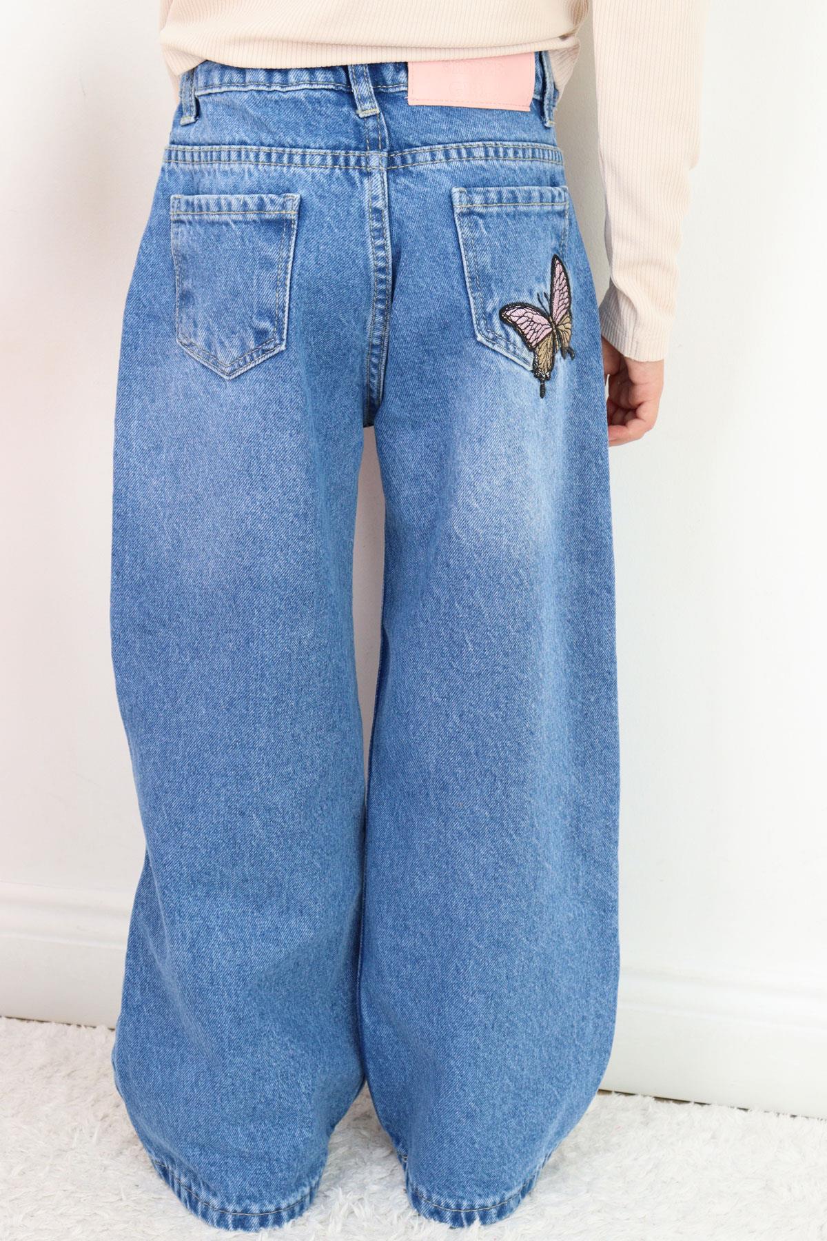 Breeze Kız Çocuk Jean Pantolon Kelebek Nakışlı Düğmeli Fermuarlı Mavi (5-9 Yaş)