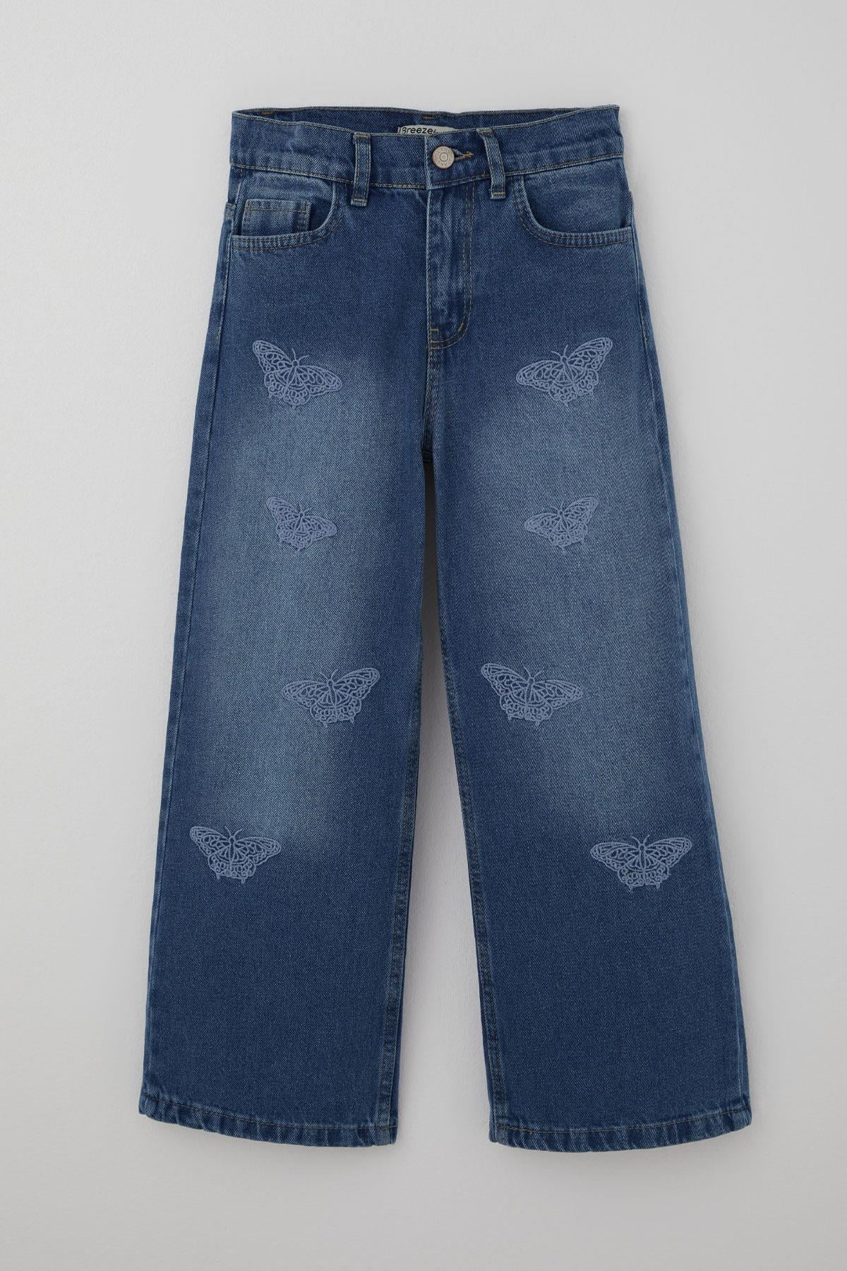 Breeze Kız Çocuk Jean Pantolon Kelebek Nakışlı Mavi (5 Yaş)