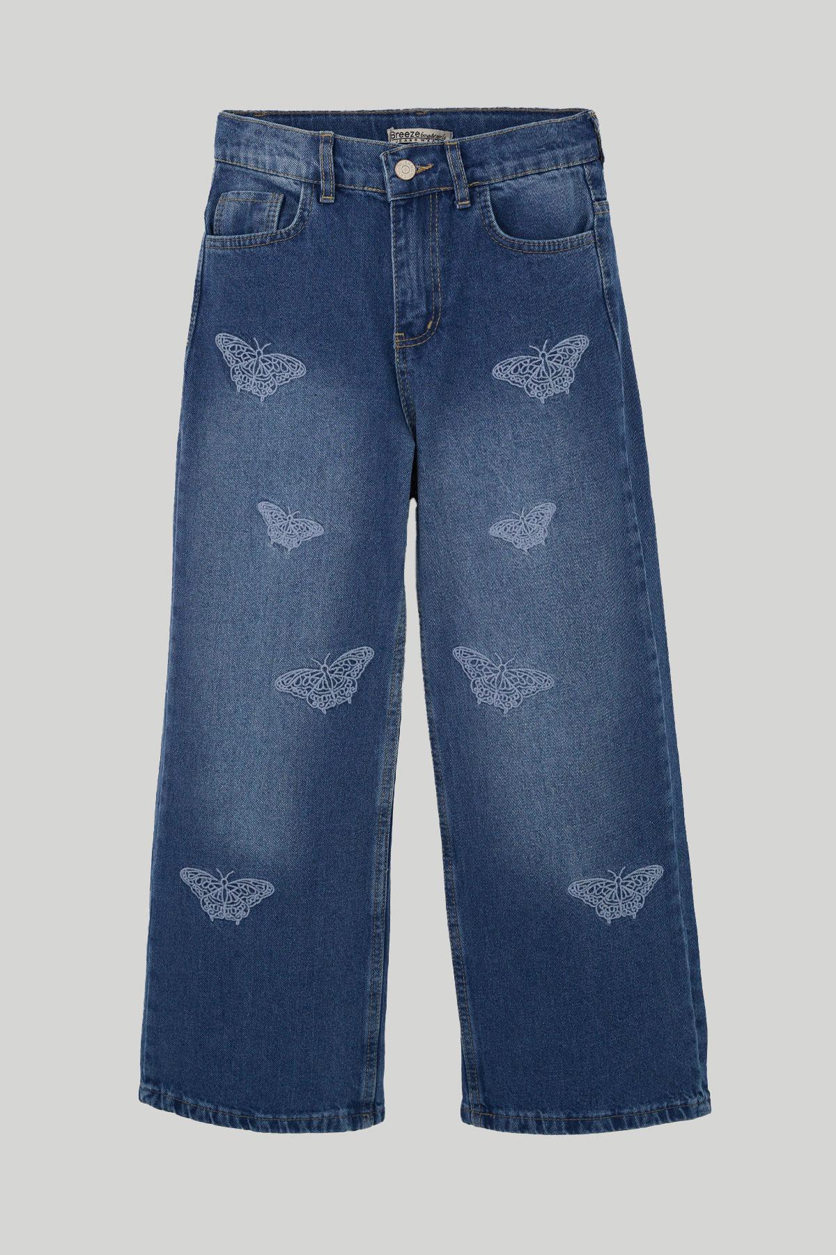 Breeze Kız Çocuk Jean Pantolon Kelebek Nakışlı Mavi (10-14 Yaş)