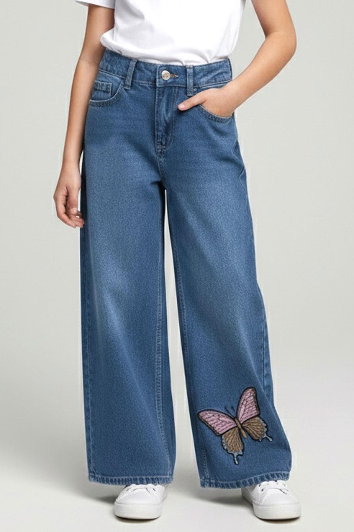 Breeze Kız Çocuk Jean Pantolon Kelebek Nakışlı Düğmeli Fermuarlı Mavi (10-14 Yaş)