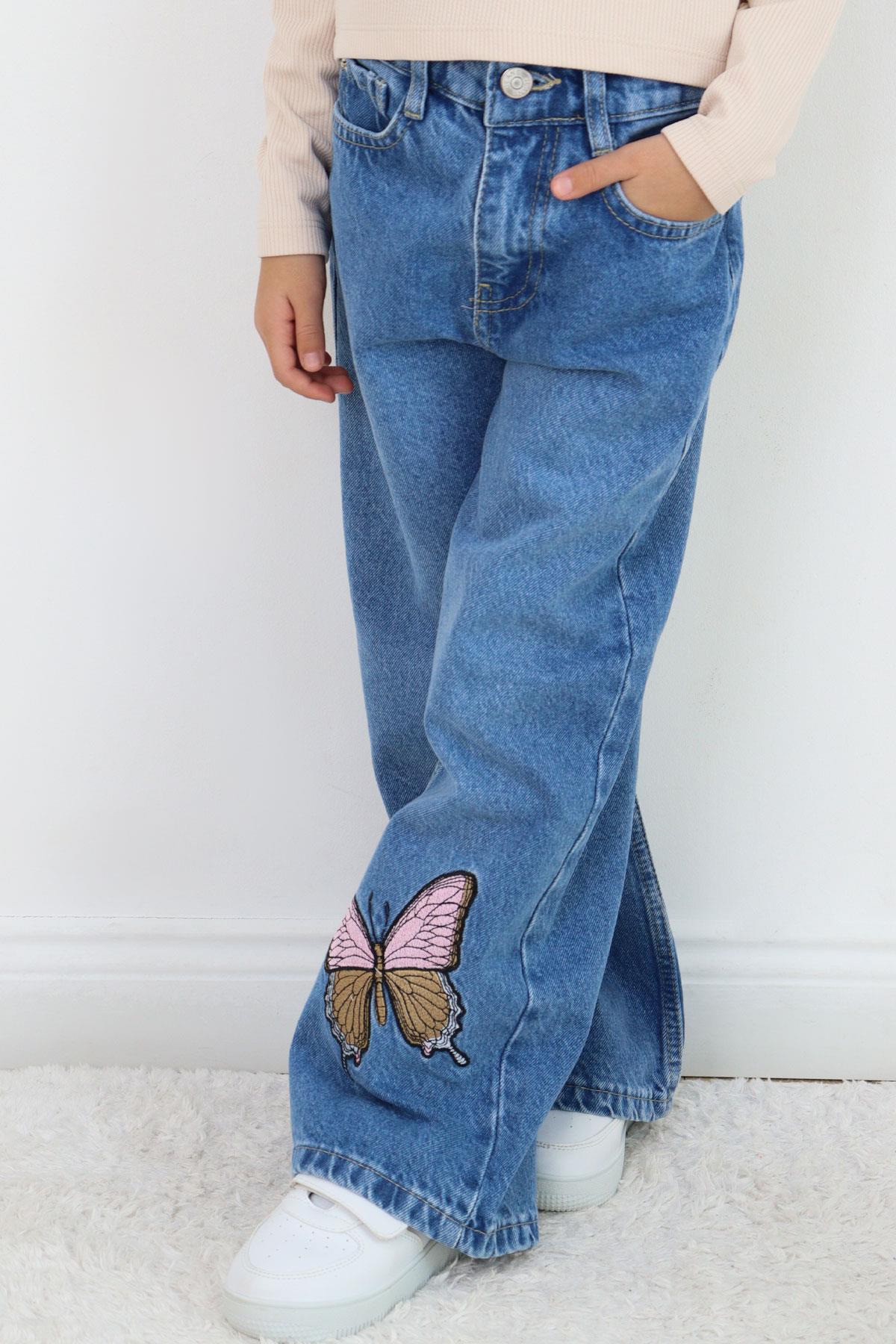 Breeze Kız Çocuk Jean Pantolon Kelebek Nakışlı Düğmeli Fermuarlı Mavi (5-9 Yaş)