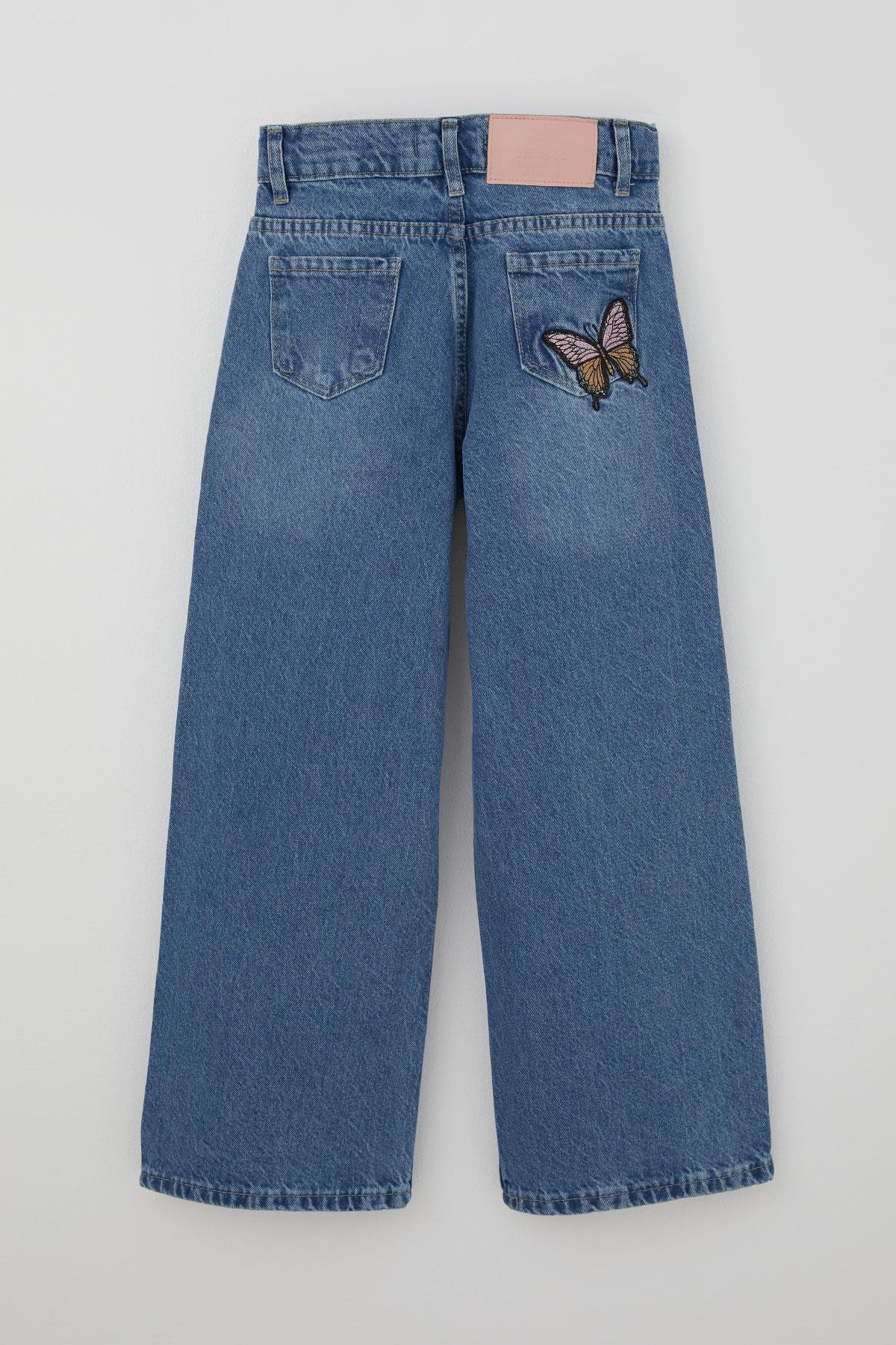 Breeze Kız Çocuk Jean Pantolon Kelebek Nakışlı Düğmeli Fermuarlı Mavi (10-14 Yaş)