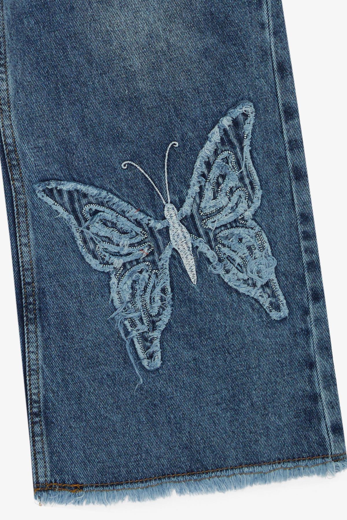 Breeze Kız Çocuk Jean Pantolon Kelebek Nakışlı Mavi (8-14 Yaş)