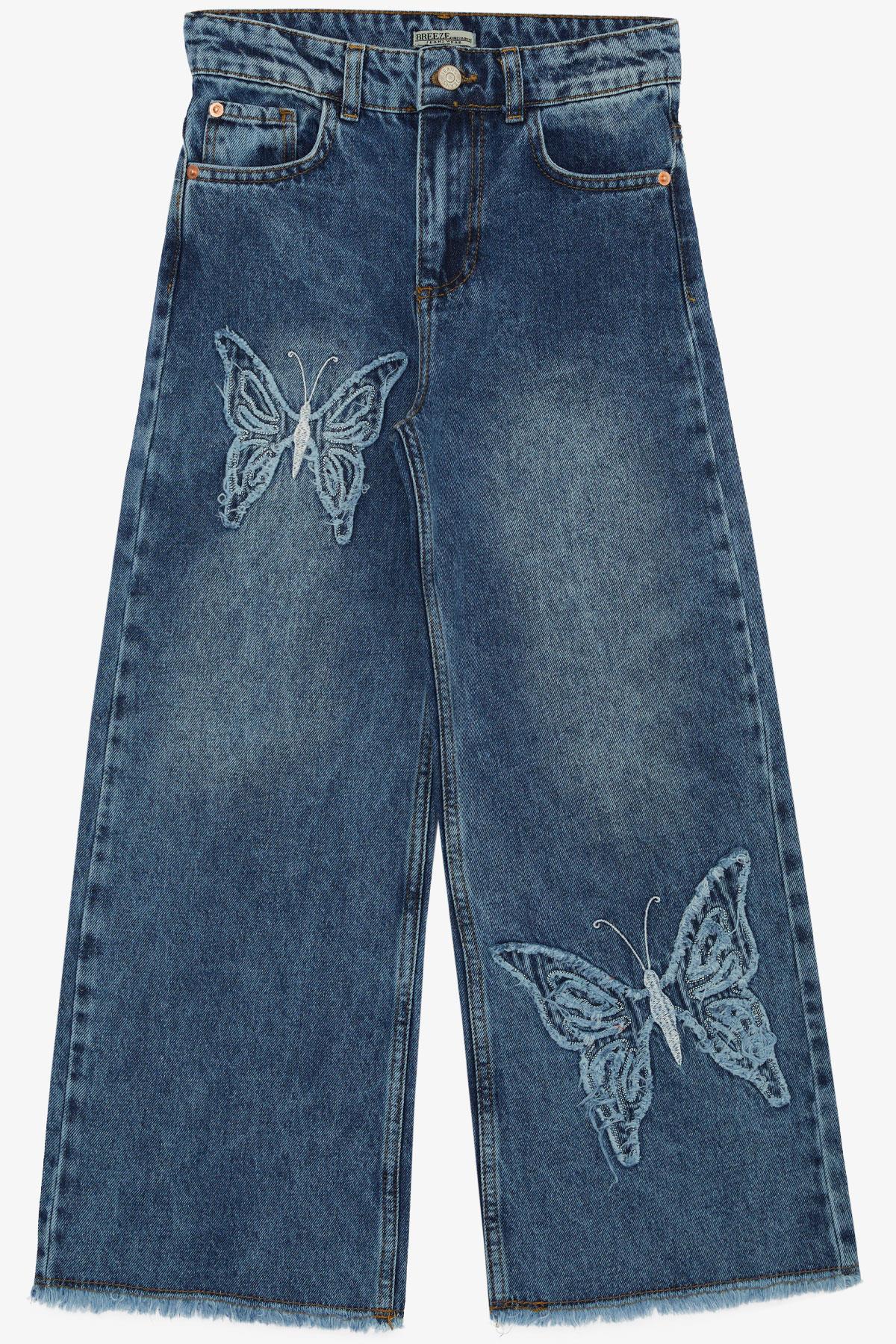 Breeze Kız Çocuk Jean Pantolon Kelebek Nakışlı Mavi (8-14 Yaş)
