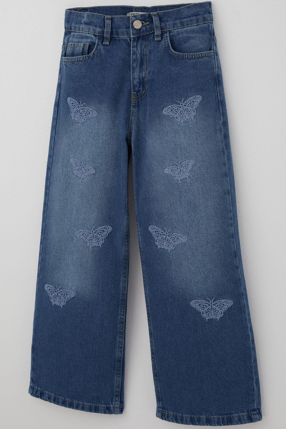 Breeze Kız Çocuk Jean Pantolon Kelebek Nakışlı Mavi (5-9 Yaş)