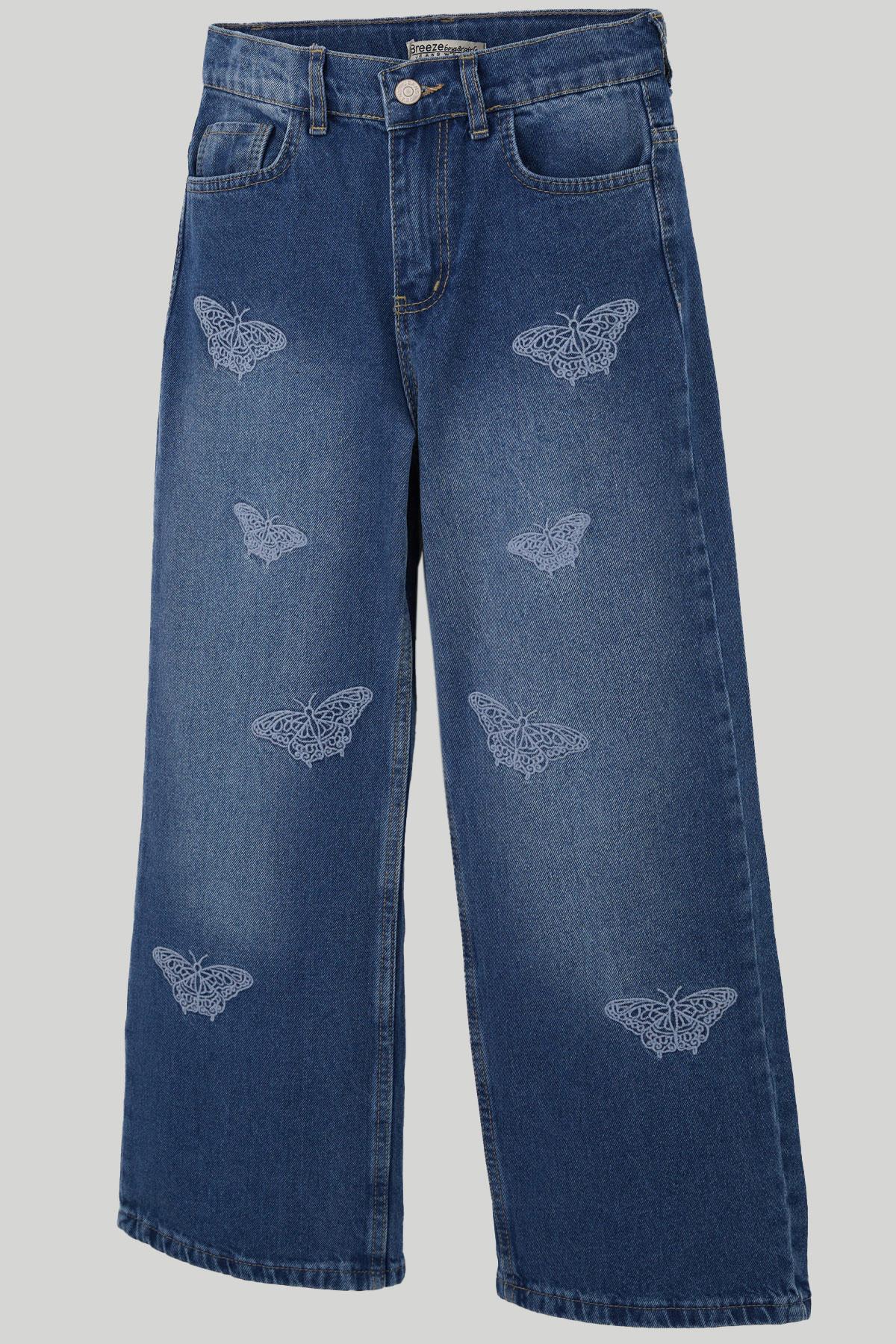 Breeze Kız Çocuk Jean Pantolon Kelebek Nakışlı Mavi (10-14 Yaş)