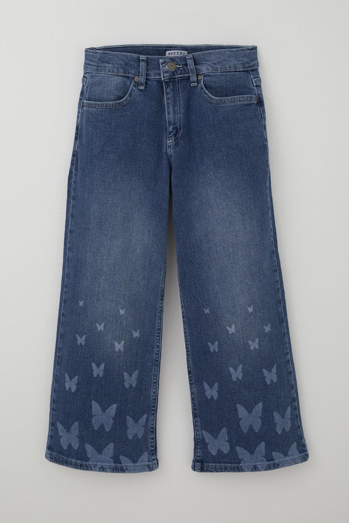Breeze Kız Çocuk Jean Pantolon Paça Kısmı Kelebek Baskı Detaylı Mavi (6-12 Yaş)