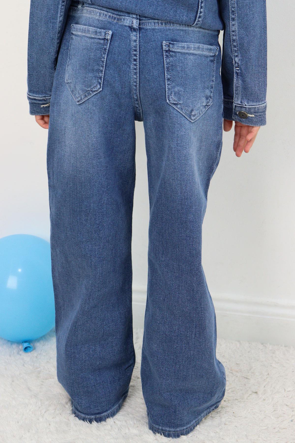 Breeze Kız Çocuk Jean Pantolon Paça Kısmı Kelebek Baskı Detaylı Mavi (6-12 Yaş)