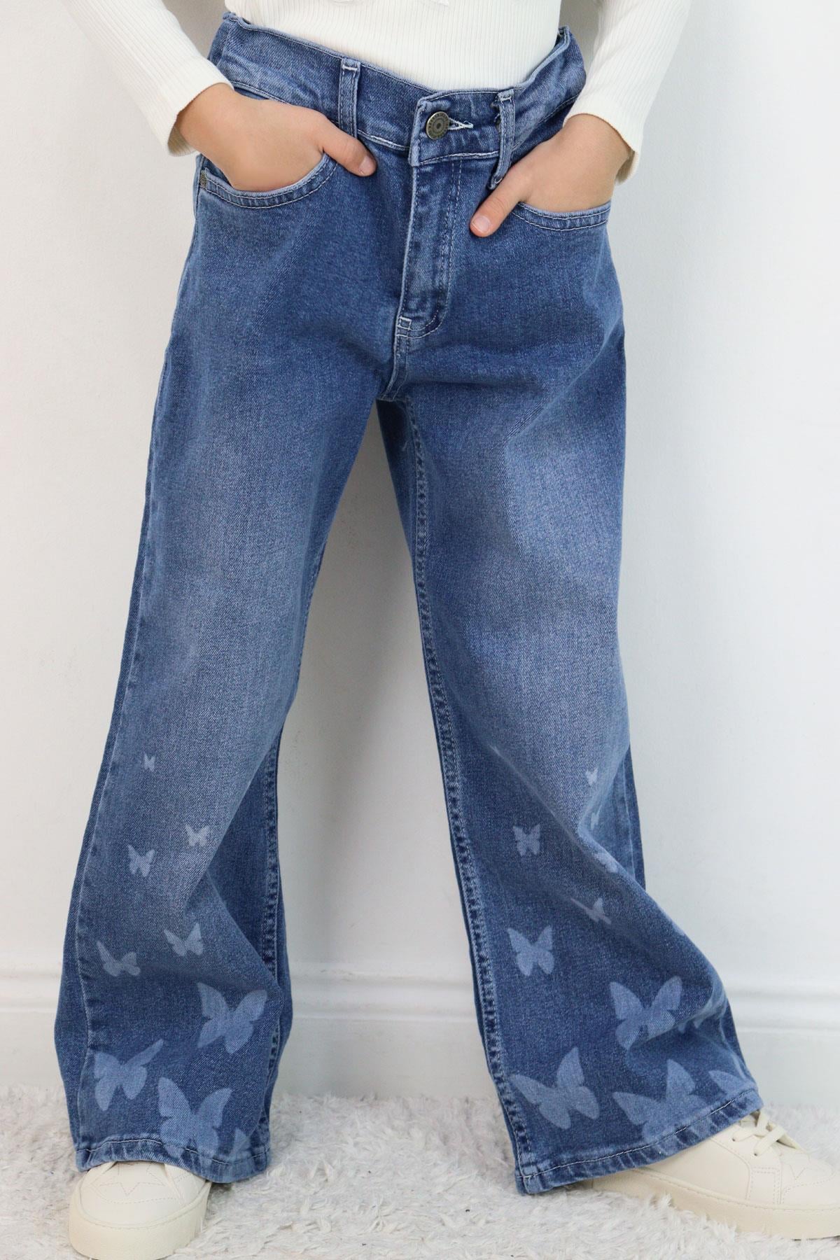 Breeze Kız Çocuk Jean Pantolon Paça Kısmı Kelebek Baskı Detaylı Mavi (6-12 Yaş)