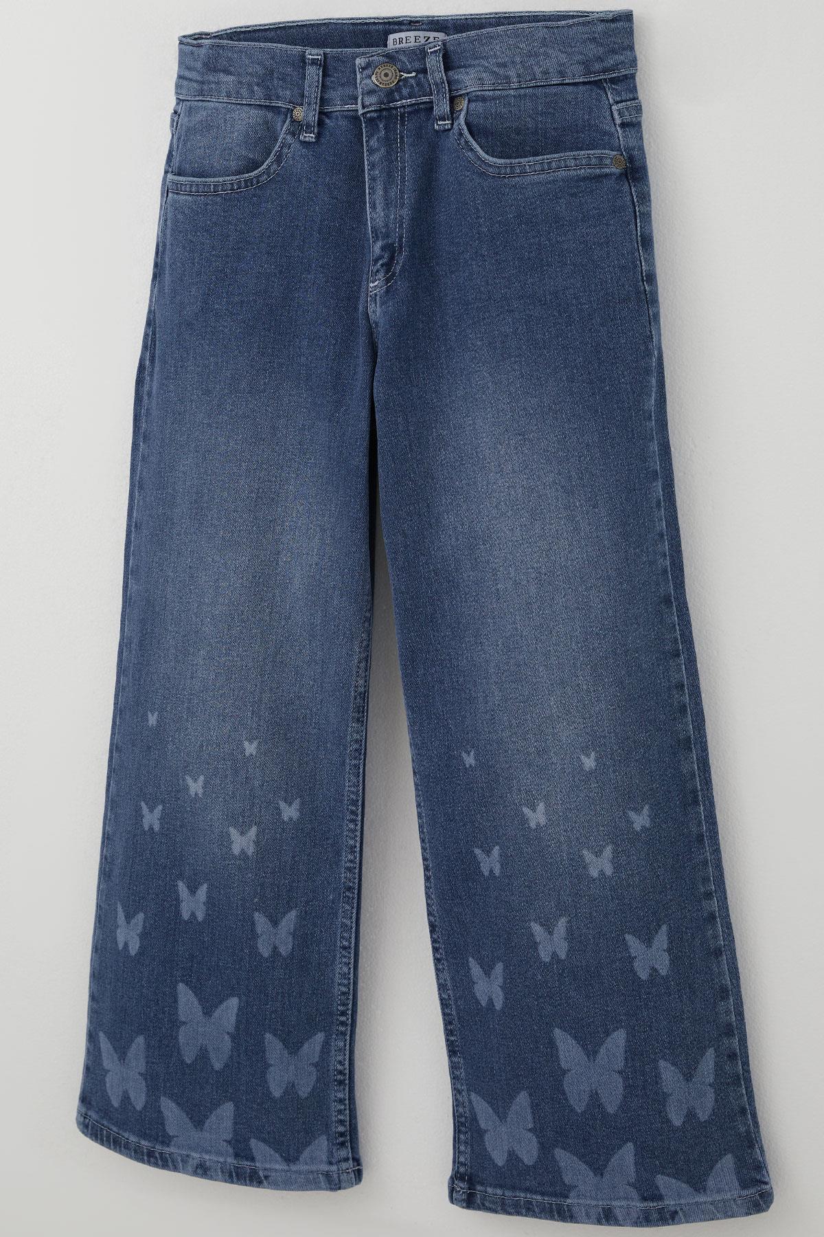 Breeze Kız Çocuk Jean Pantolon Paça Kısmı Kelebek Baskı Detaylı Mavi (6-12 Yaş)