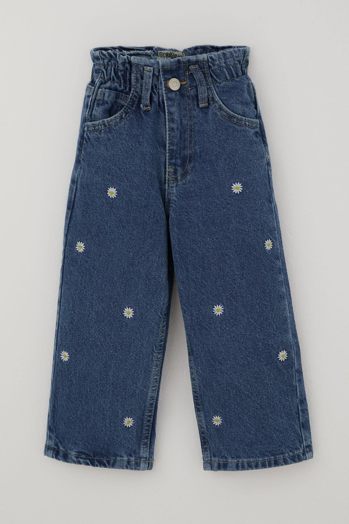 Breeze Kız Çocuk Jean Pantolon Papatya Nakışlı Düğmeli Mavi (1.5-5 Yaş)