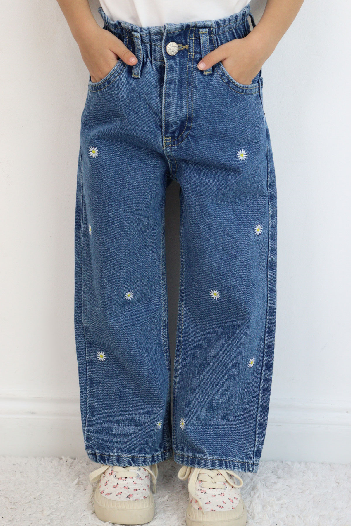 Breeze Kız Çocuk Jean Pantolon Papatya Nakışlı Düğmeli Mavi (1.5-5 Yaş)