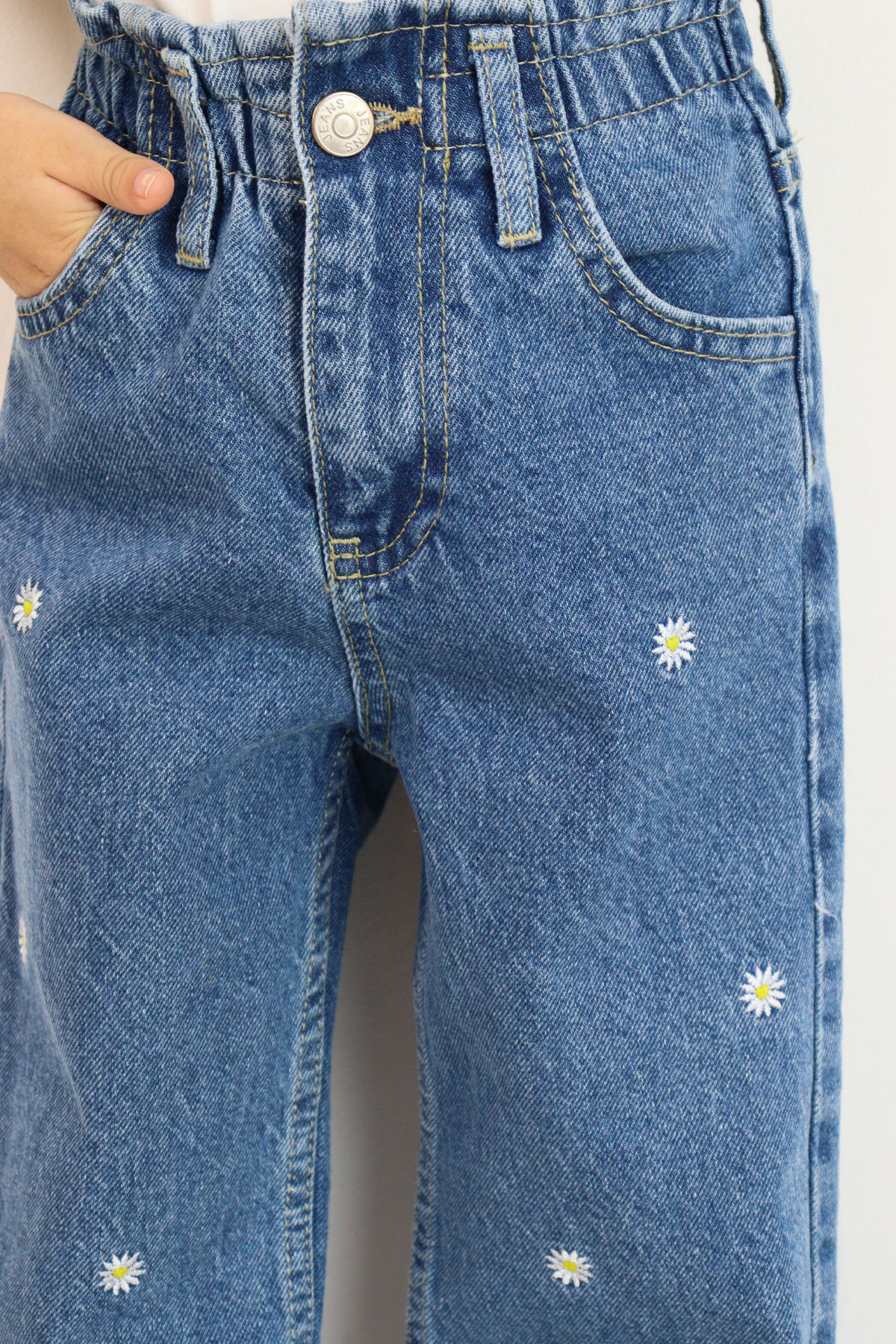 Breeze Kız Çocuk Jean Pantolon Papatya Nakışlı Düğmeli Mavi (1.5-5 Yaş)