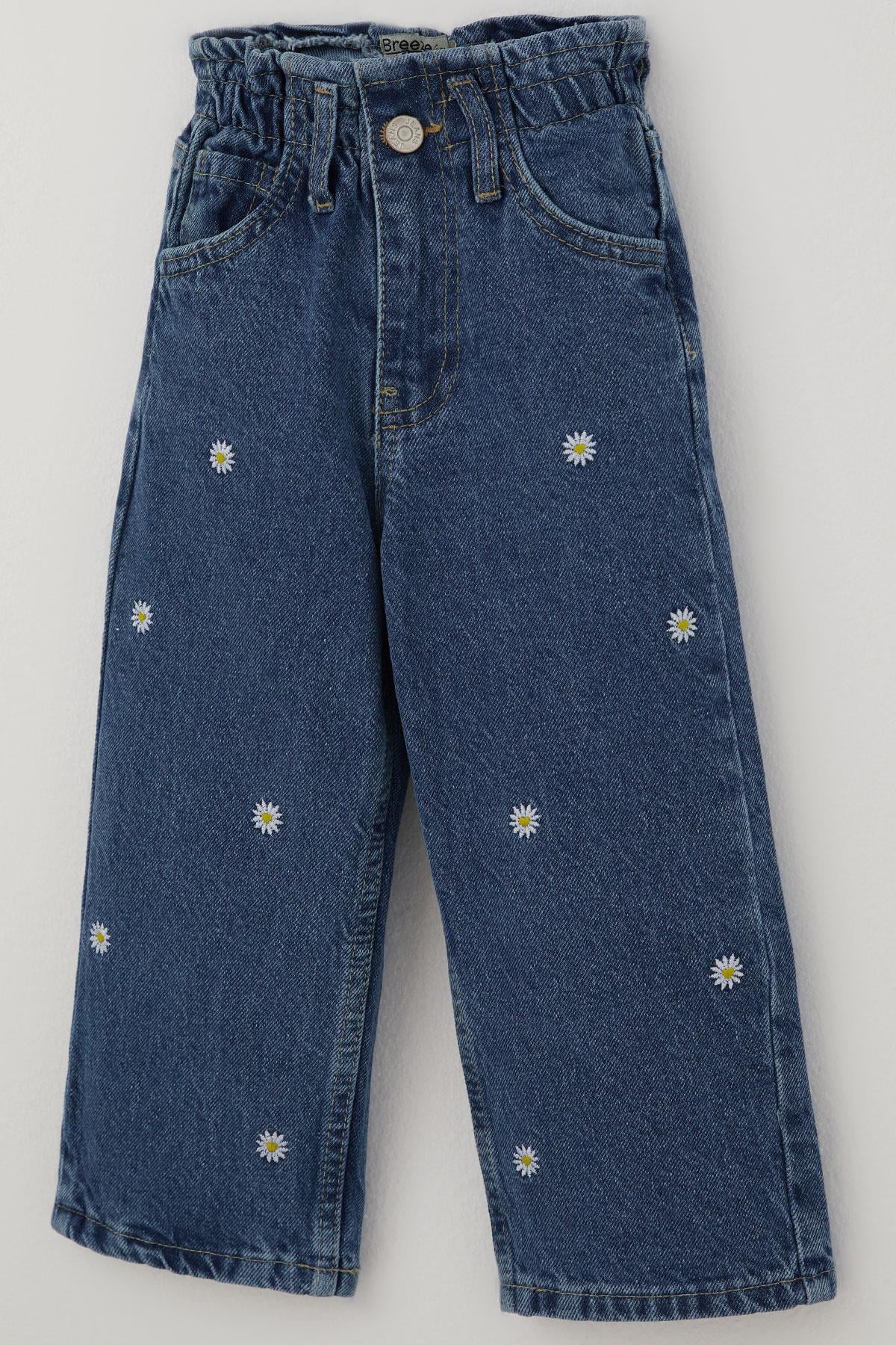 Breeze Kız Çocuk Jean Pantolon Papatya Nakışlı Düğmeli Mavi (1.5-5 Yaş)