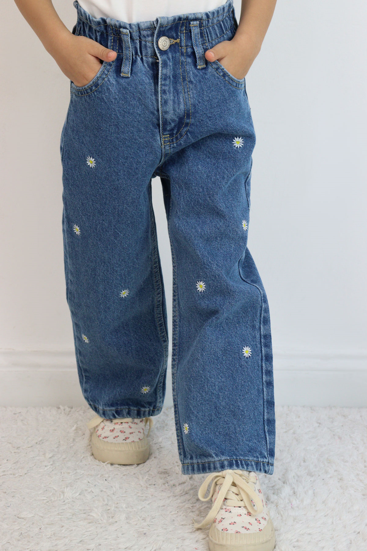 Breeze Kız Çocuk Jean Pantolon Papatya Nakışlı Düğmeli Mavi (1.5-5 Yaş)