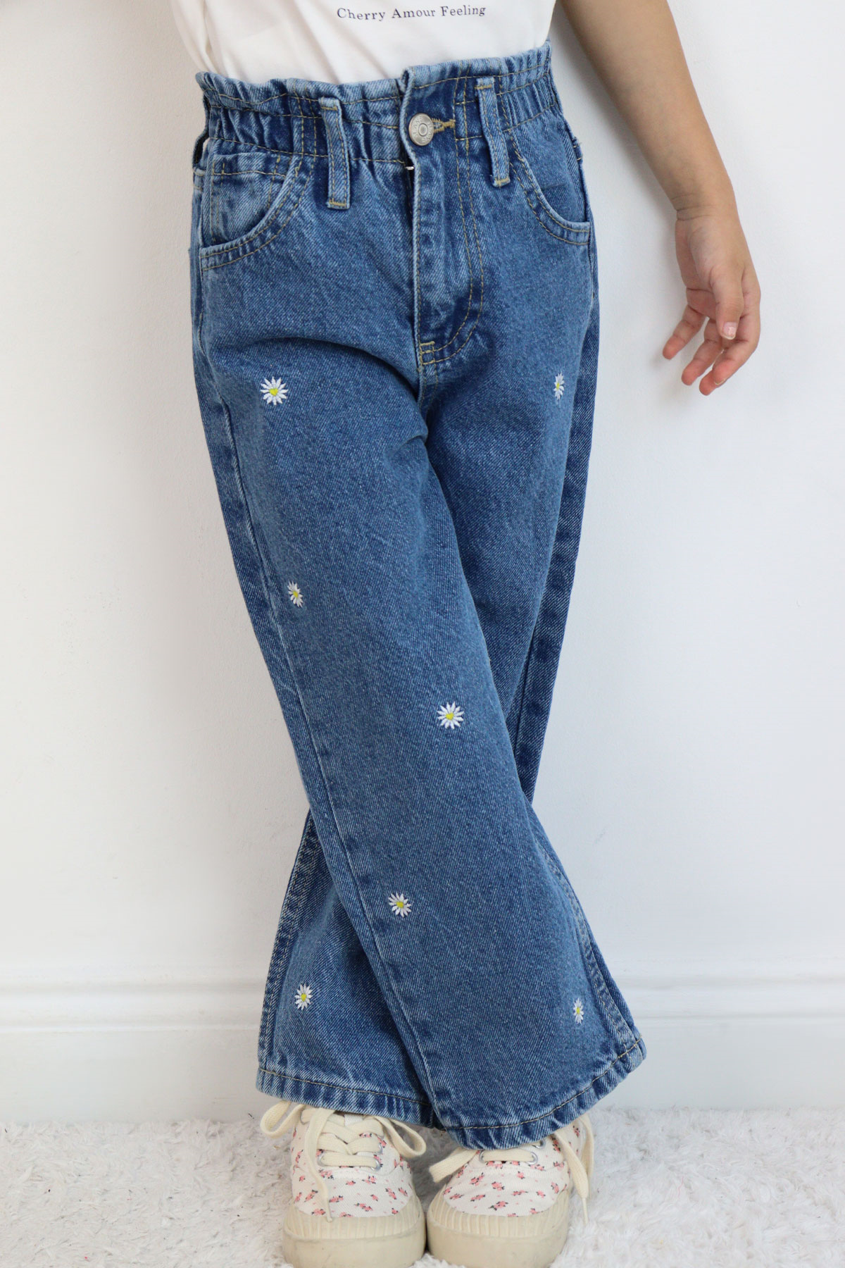 Breeze Kız Çocuk Jean Pantolon Papatya Nakışlı Düğmeli Mavi (1.5-5 Yaş)