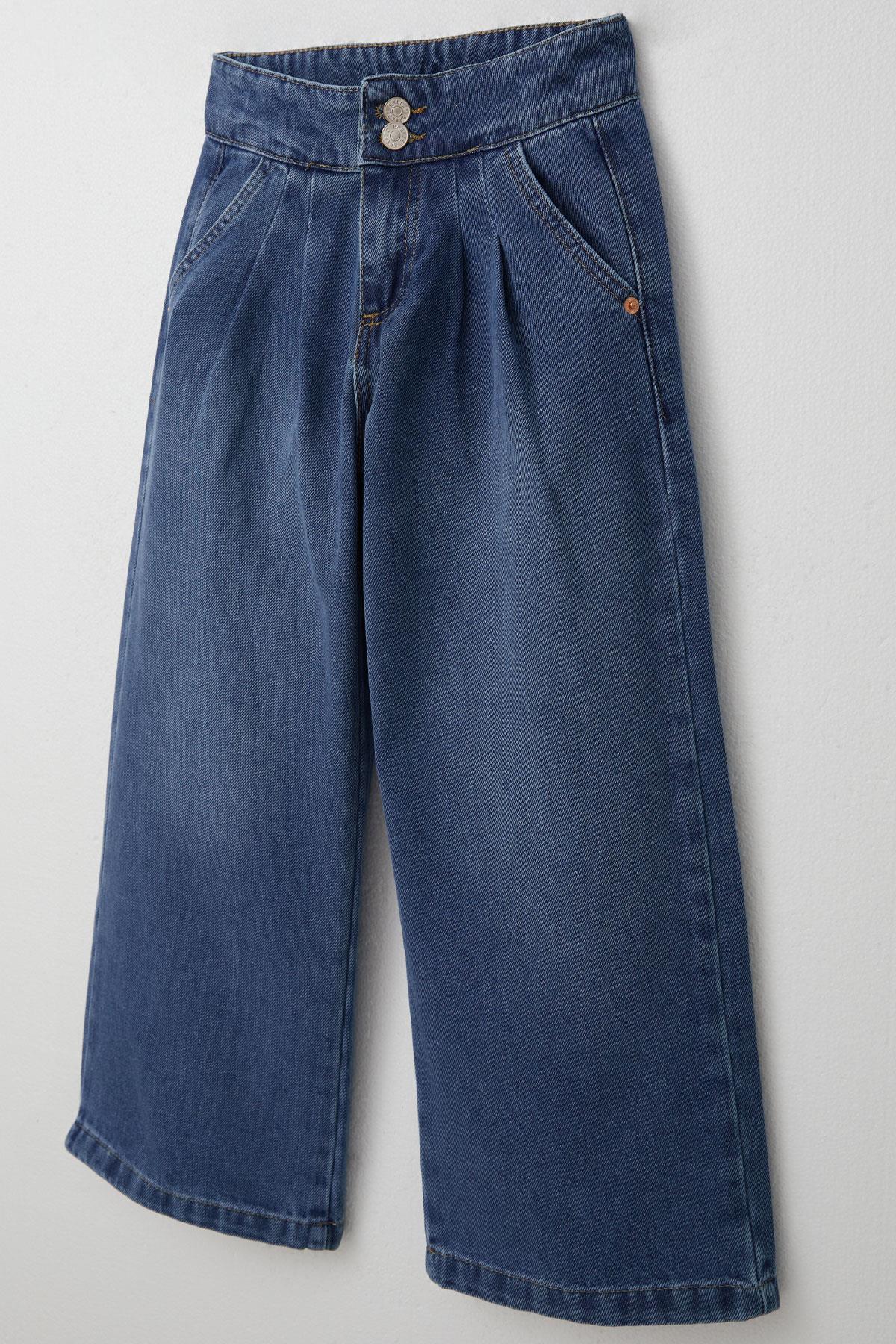 Breeze Kız Çocuk Jean Pantolon Pileli Geniş Paça Mavi (5-9 Yaş)