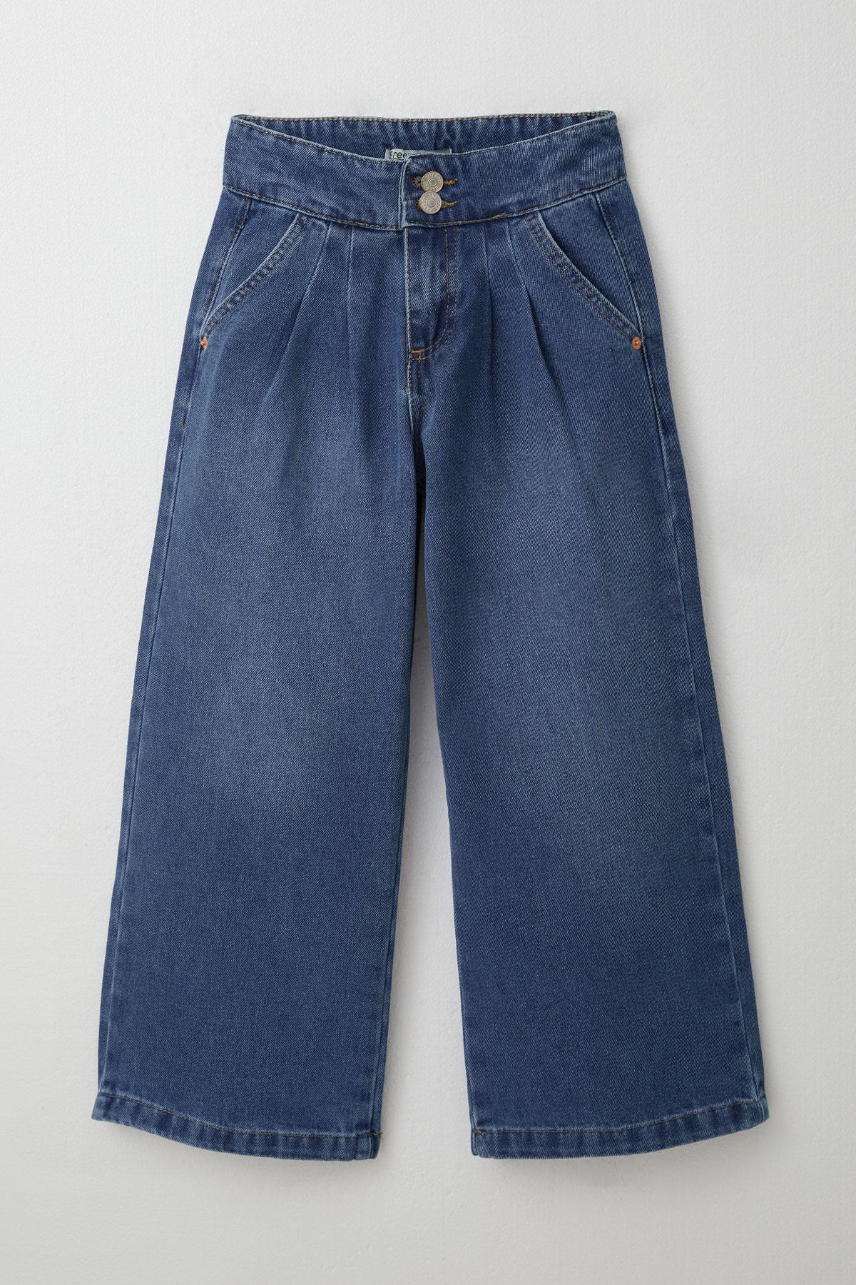 Breeze Kız Çocuk Jean Pantolon Pileli Geniş Paça Mavi (5-9 Yaş)
