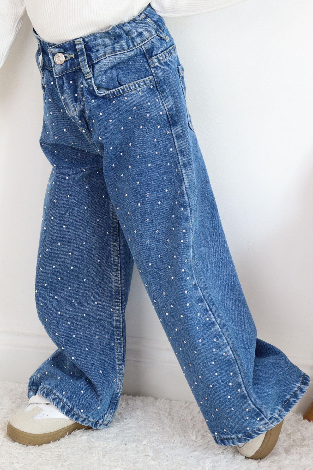 Breeze Kız Çocuk Jean Pantolon Taş Aksesuarlı Fermuarlı Cepli Mavi (5-9 Yaş)