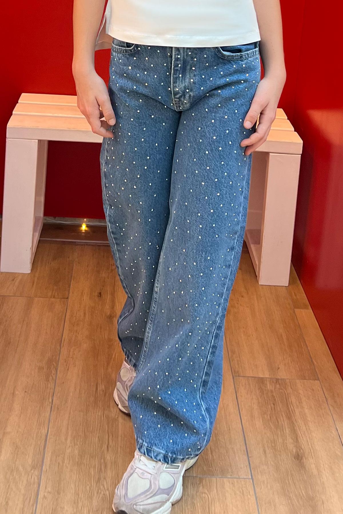 Breeze Kız Çocuk Jean Pantolon Taş Aksesuarlı Fermuarlı Cepli Mavi (10-14 Yaş)