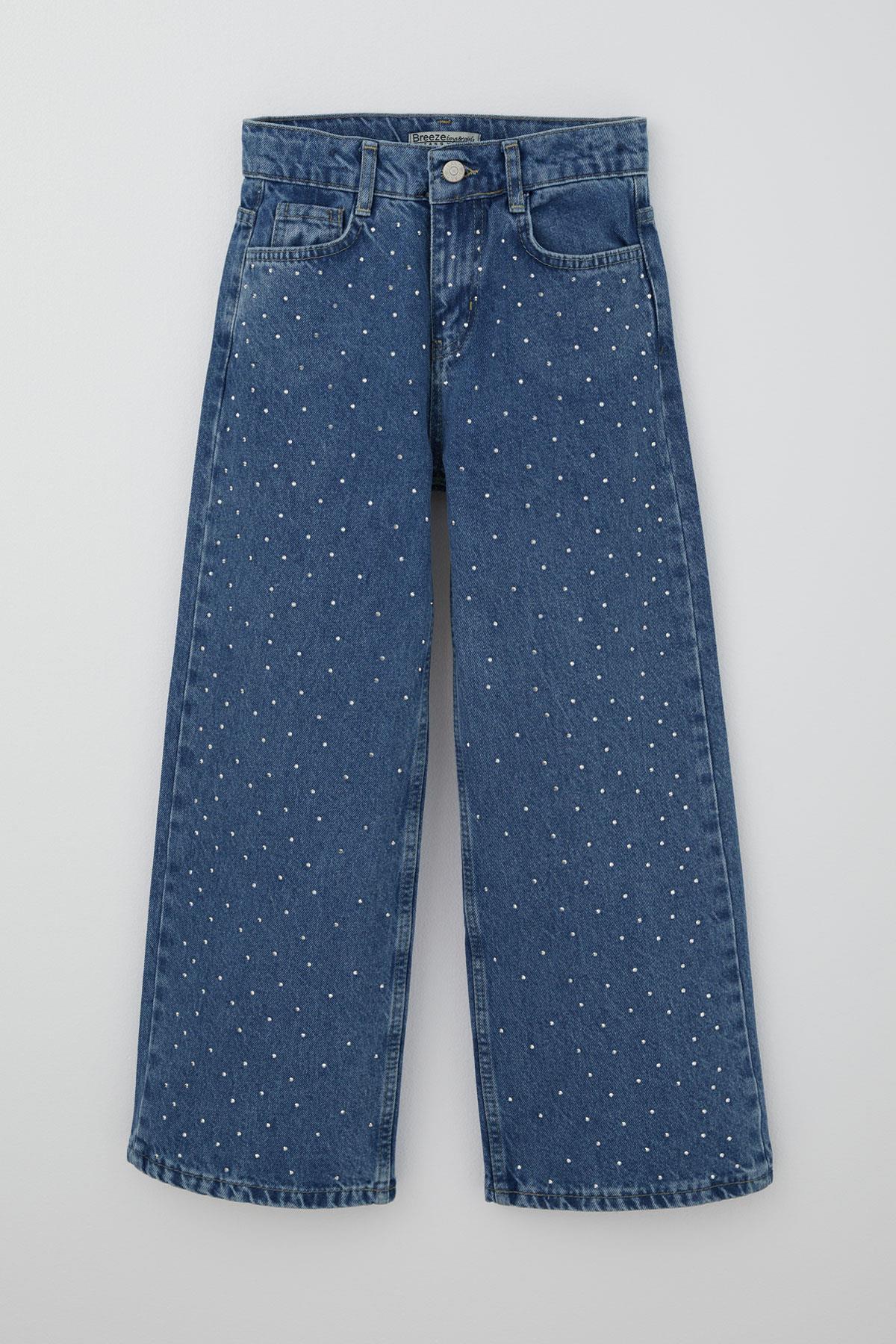 Breeze Kız Çocuk Jean Pantolon Taş Aksesuarlı Fermuarlı Cepli Mavi (10-14 Yaş)