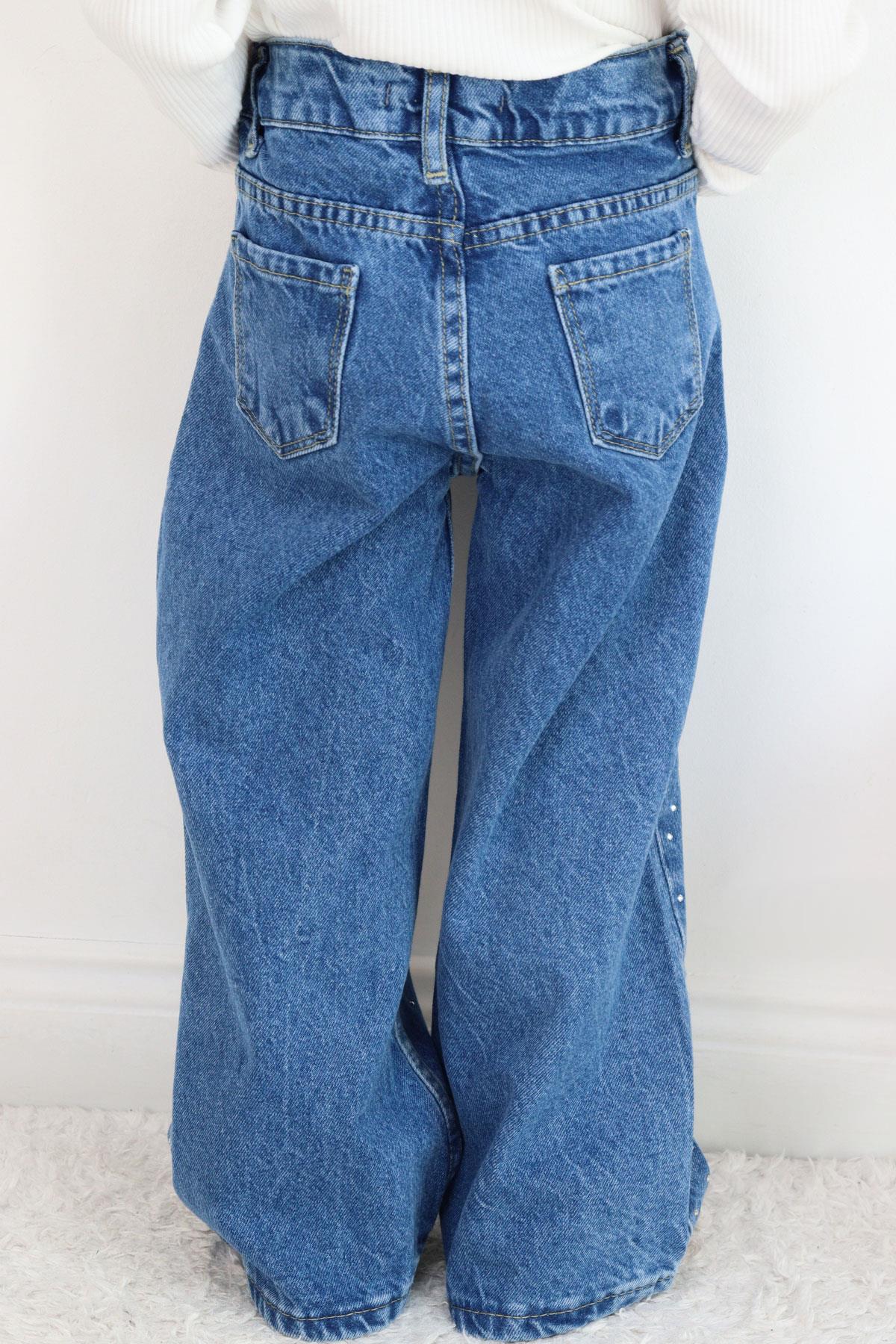 Breeze Kız Çocuk Jean Pantolon Taş Aksesuarlı Fermuarlı Cepli Mavi (5-9 Yaş)