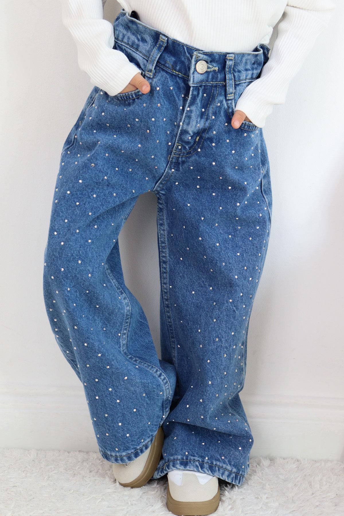 Breeze Kız Çocuk Jean Pantolon Taş Aksesuarlı Fermuarlı Cepli Mavi (5-9 Yaş)